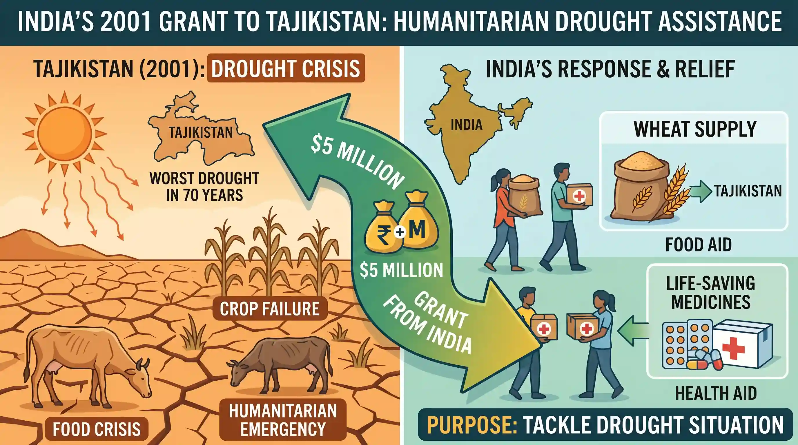 polity-and-governance: In the year 2001, India offered a grant of five million dollars to Tajikistan to