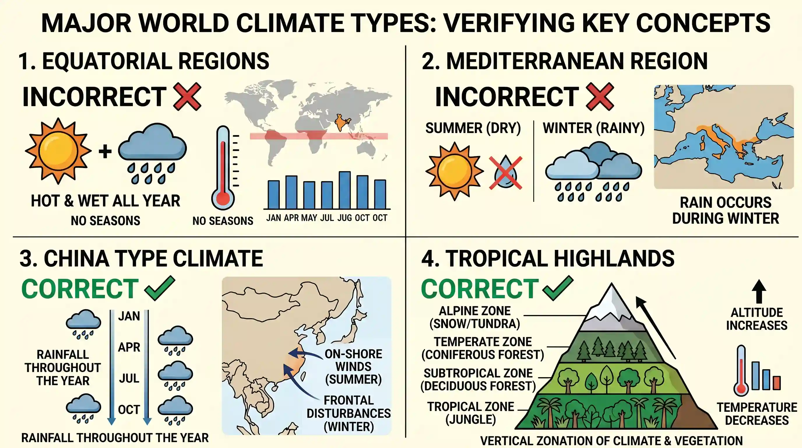 geography: Consider the following statements: 1. In equatorial regions, the year is divided into four main seasons 2. In Mediterran