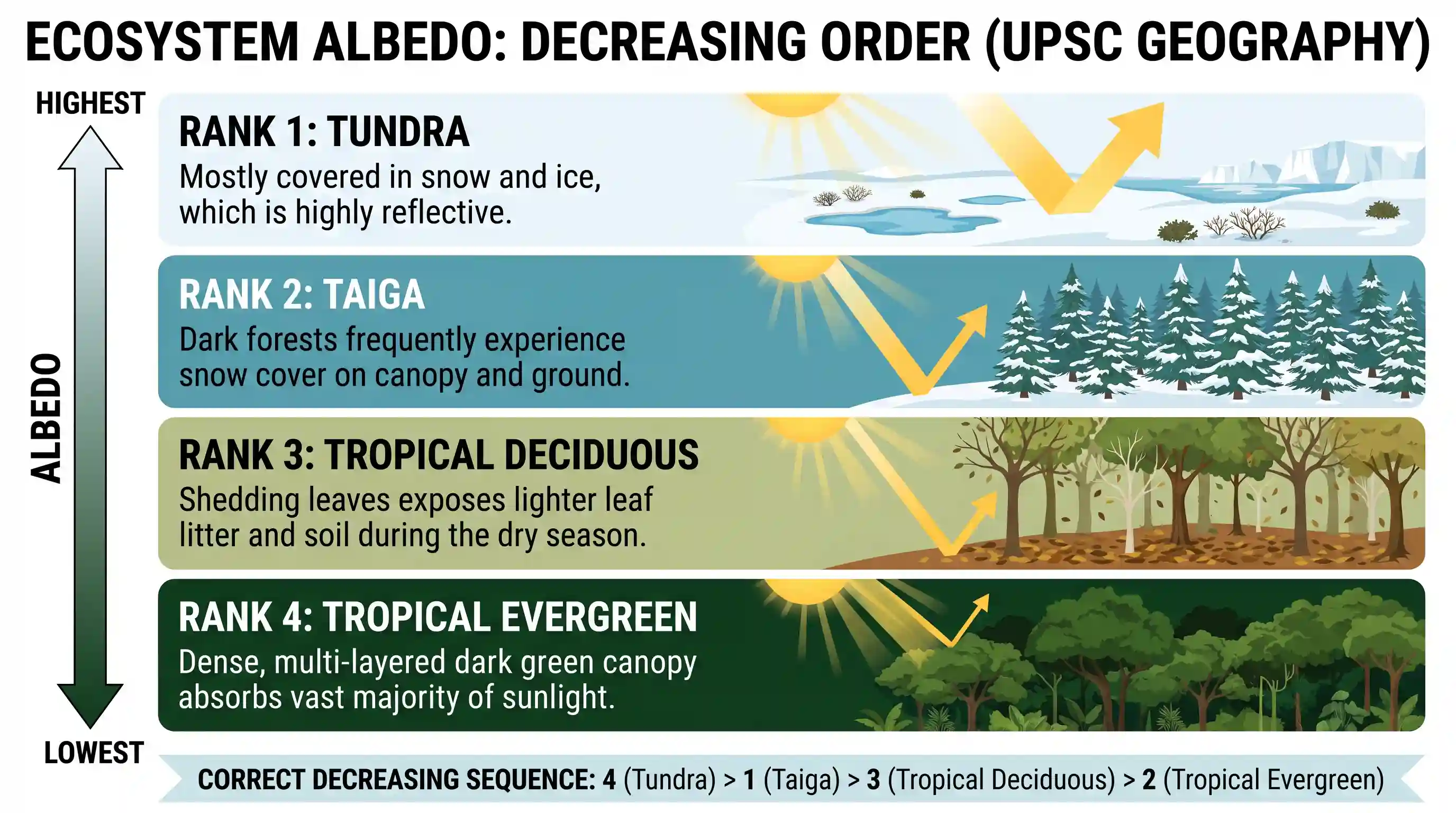 geography: Consider the following ecosystems: 1. Taiga 2. Tropical evergreen 3. Tropical deciduous 4. Tundra The correct sequence i