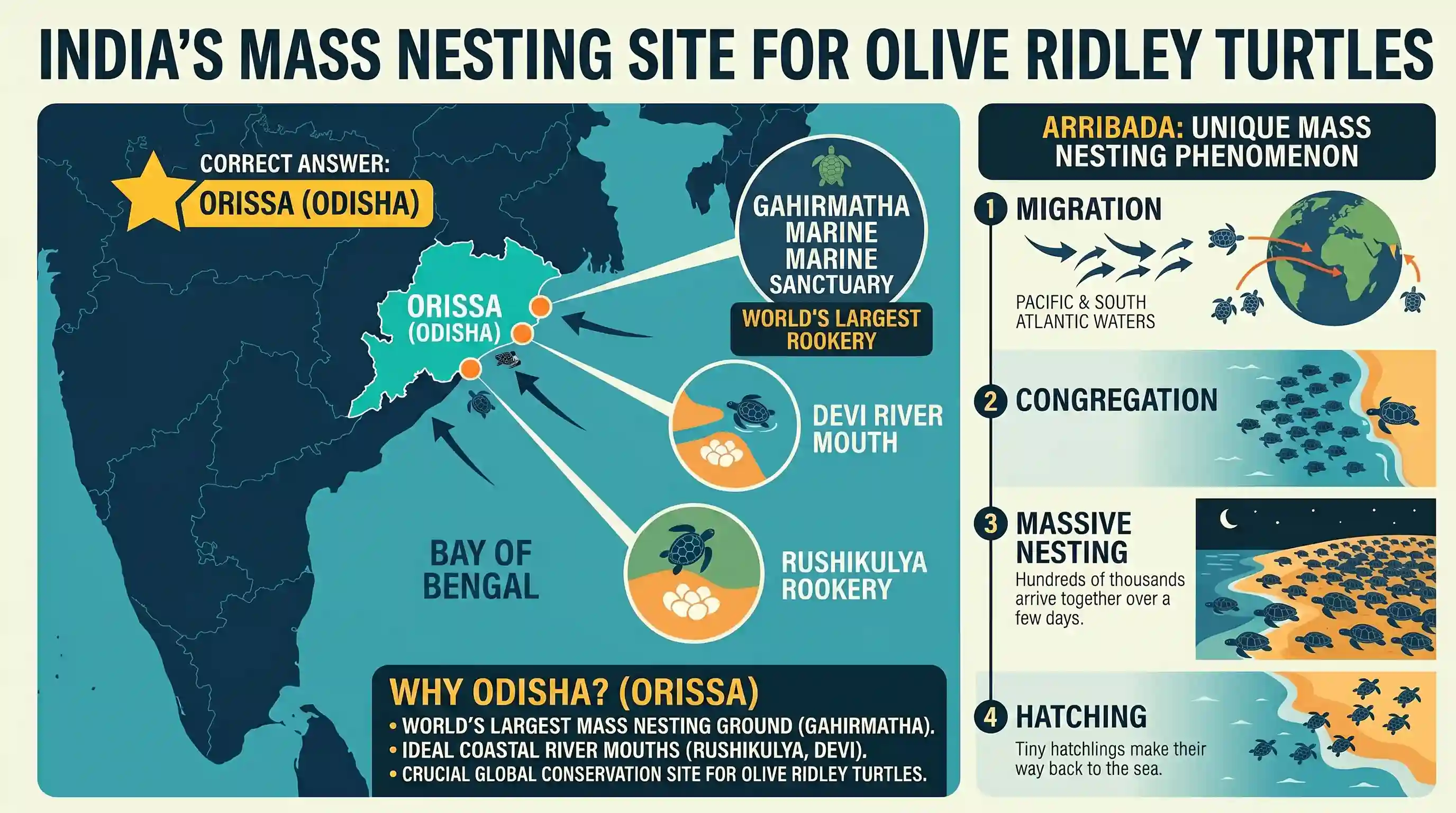 geography: The sea coast of which one of the following states has become famous as a nesting place for the giant Olive Ridley turtl