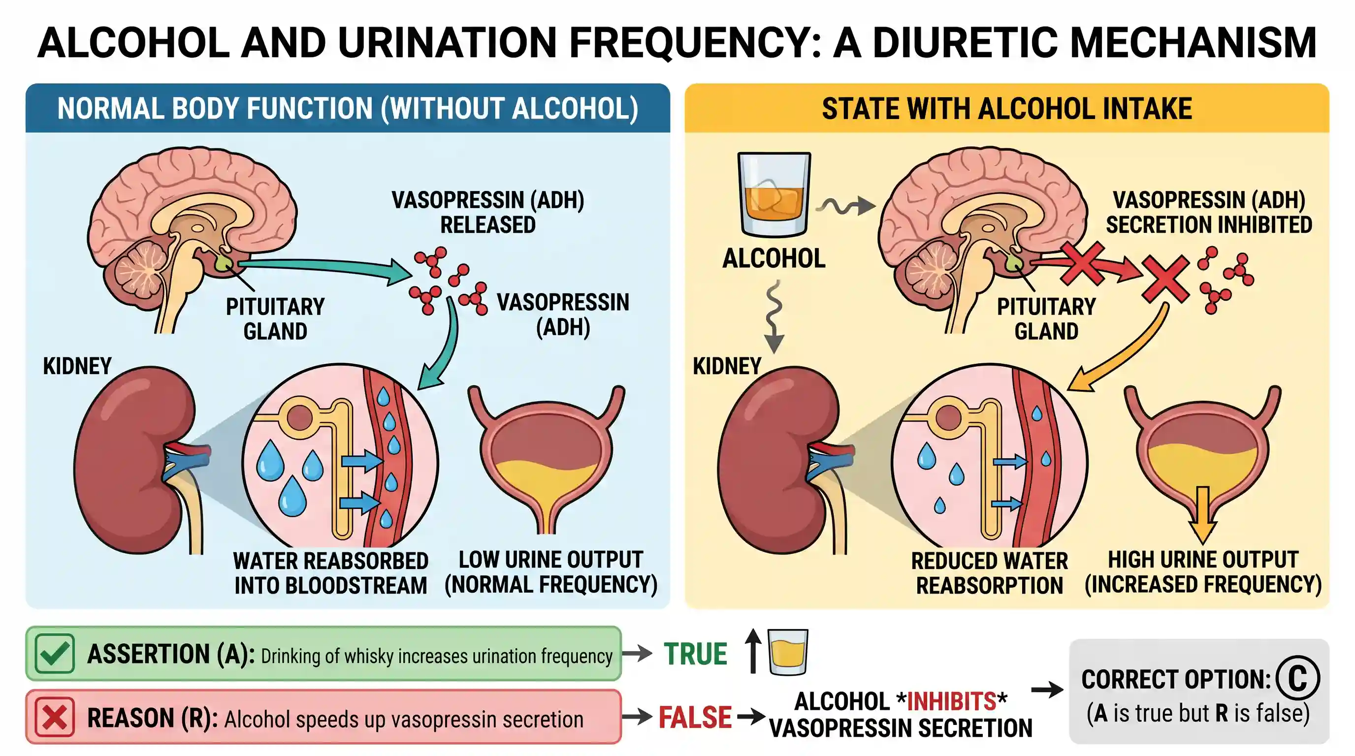 science-and-technology: Assertion (A): Drinking of whisky increases the frequency of urination. Reason (R): Alcohol intake speeds up the secreti