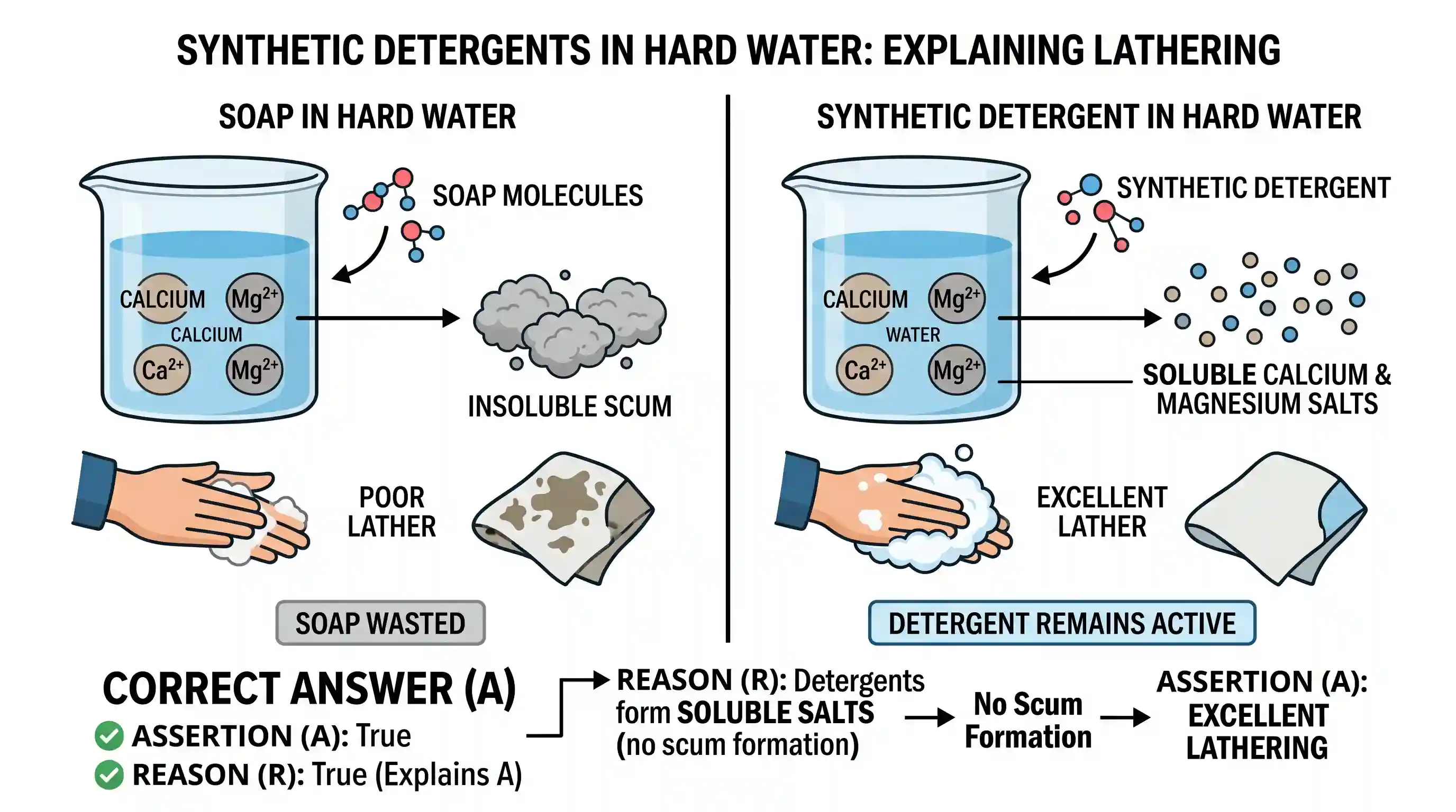 science-and-technology: Assertion (A): Synthetic detergents can lather well in hard water. Reason (R): Synthetic detergents form soluble calcium