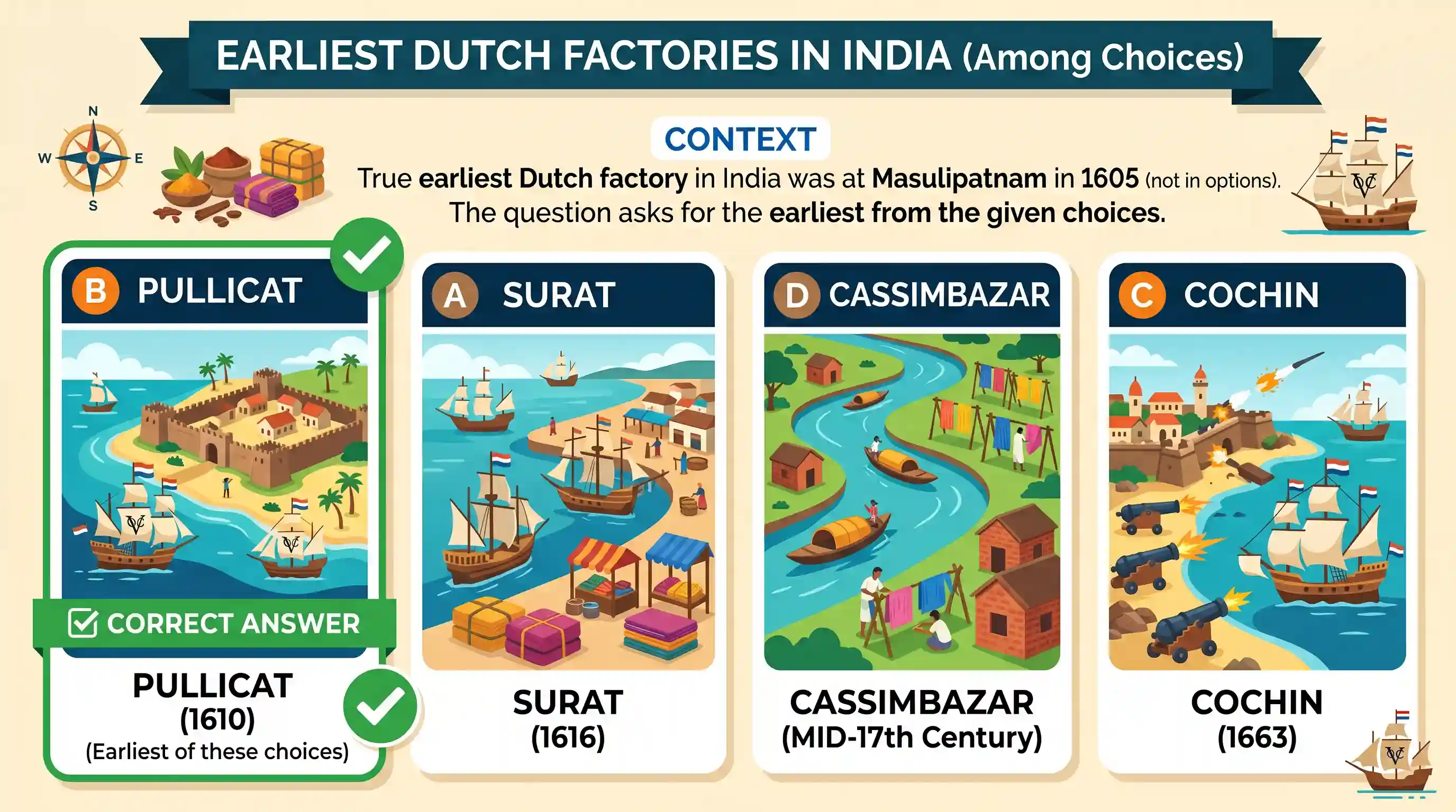 history: In India, among the following locations, the Dutch established their earliest factory at