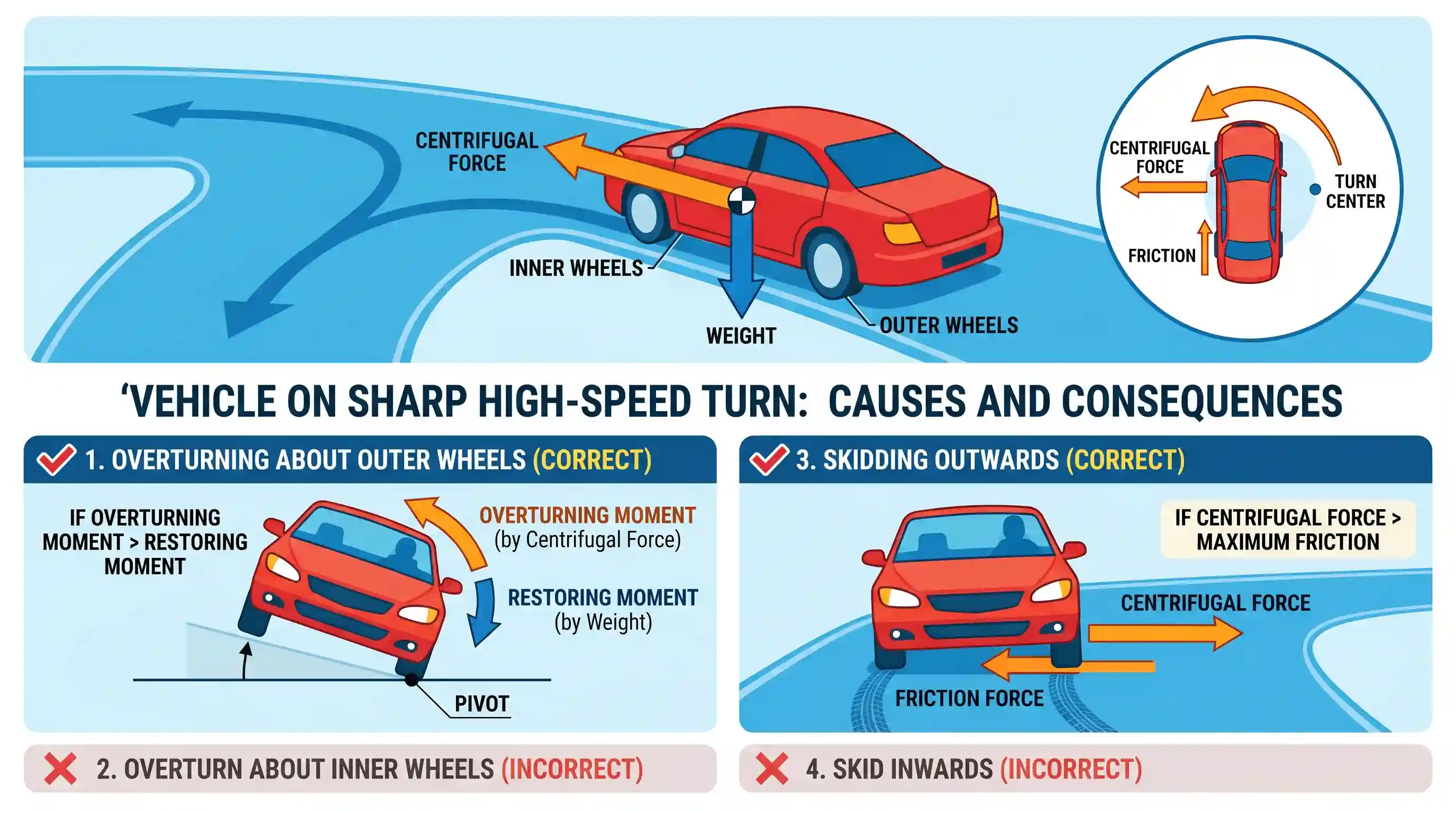 science-and-technology: Consider the following statements: A 4-wheel vehicle moving a sharp circular path at high speed will 1. Overturn about i