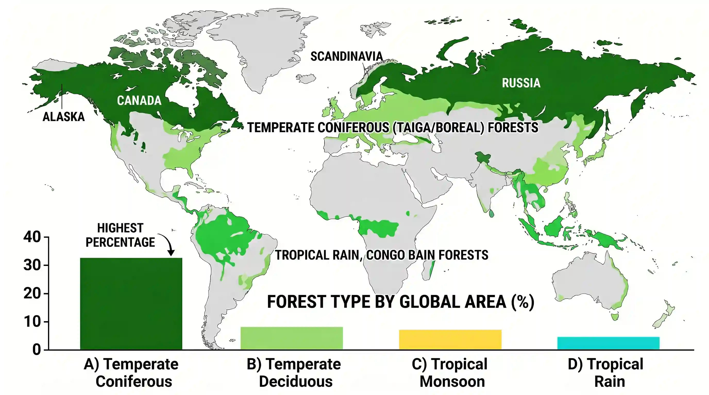 geography: Which one among the following covers the highest percentage of forest area in the world?