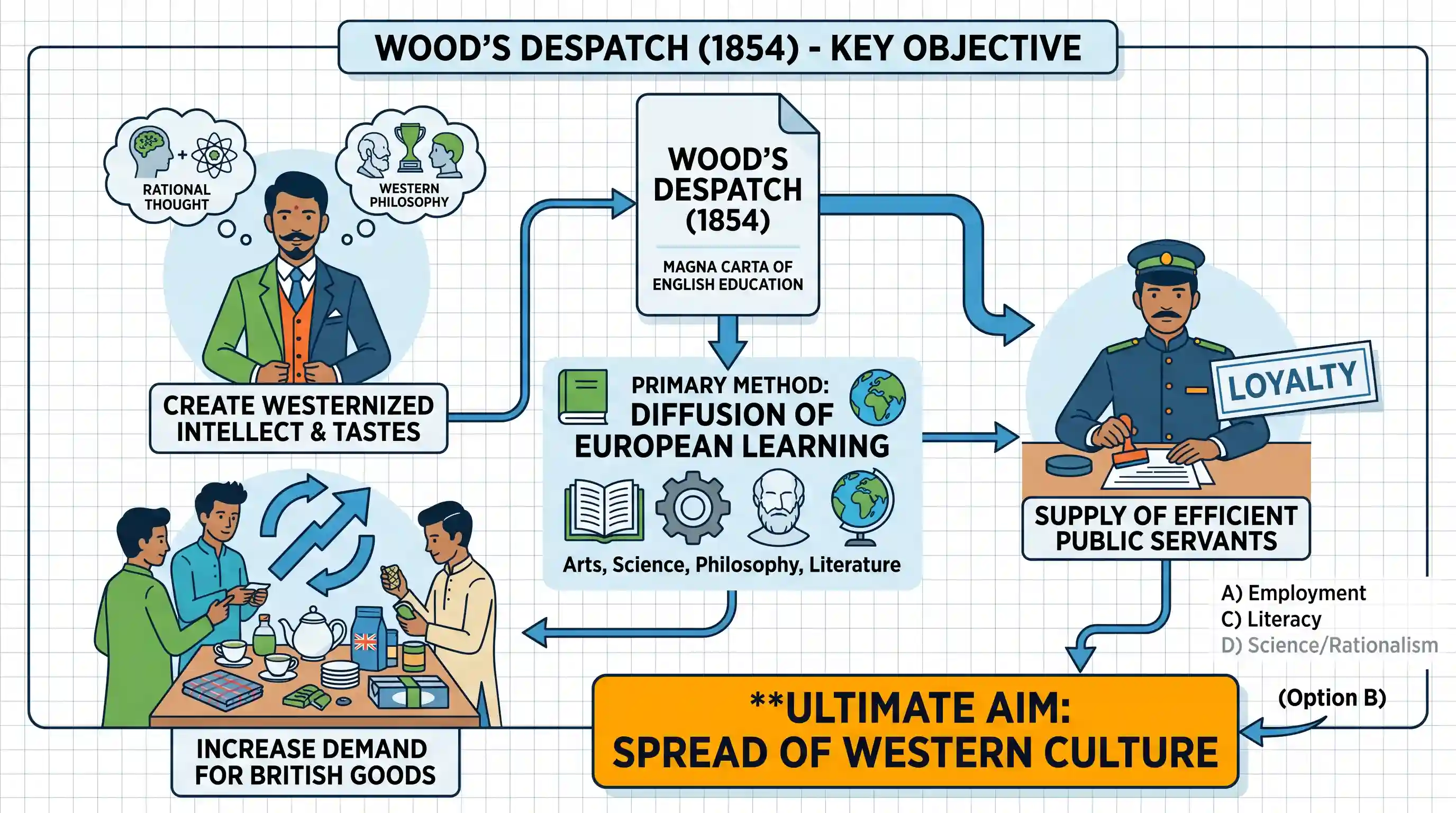 history: The aim of education as stated by the Wood’s despatch of 1854 was