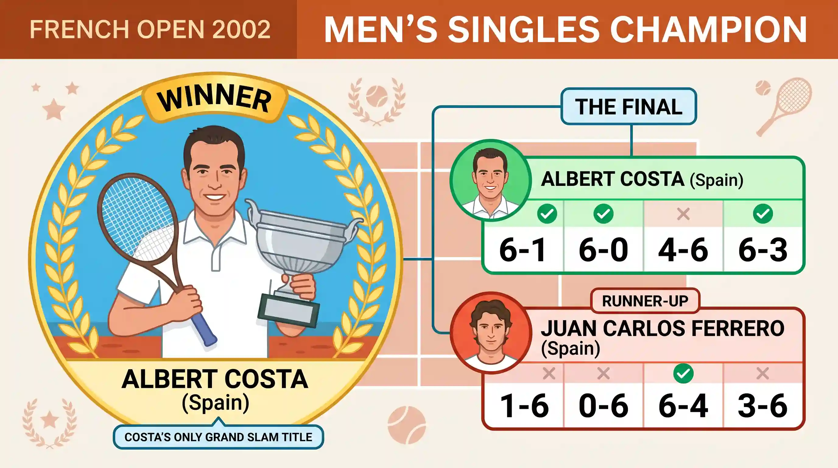 art-and-culture: Who won the title in the finals of French Open men’s singles tennis championship in the year 2002?