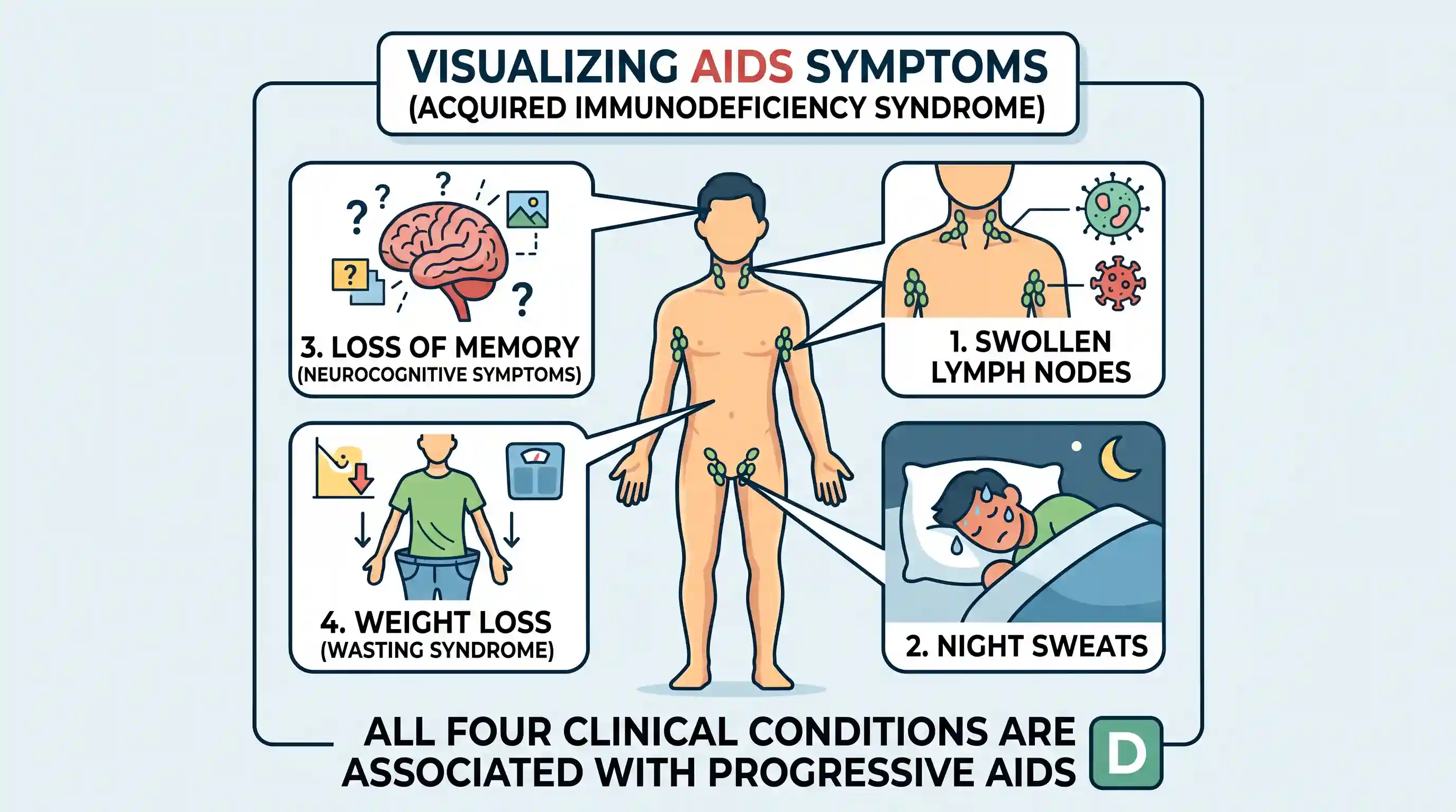 science-and-technology: Consider the following conditions of sick human body 1. Swollen lymph nodes 2. Sweating at night 3. Loss of memory 4. Lo
