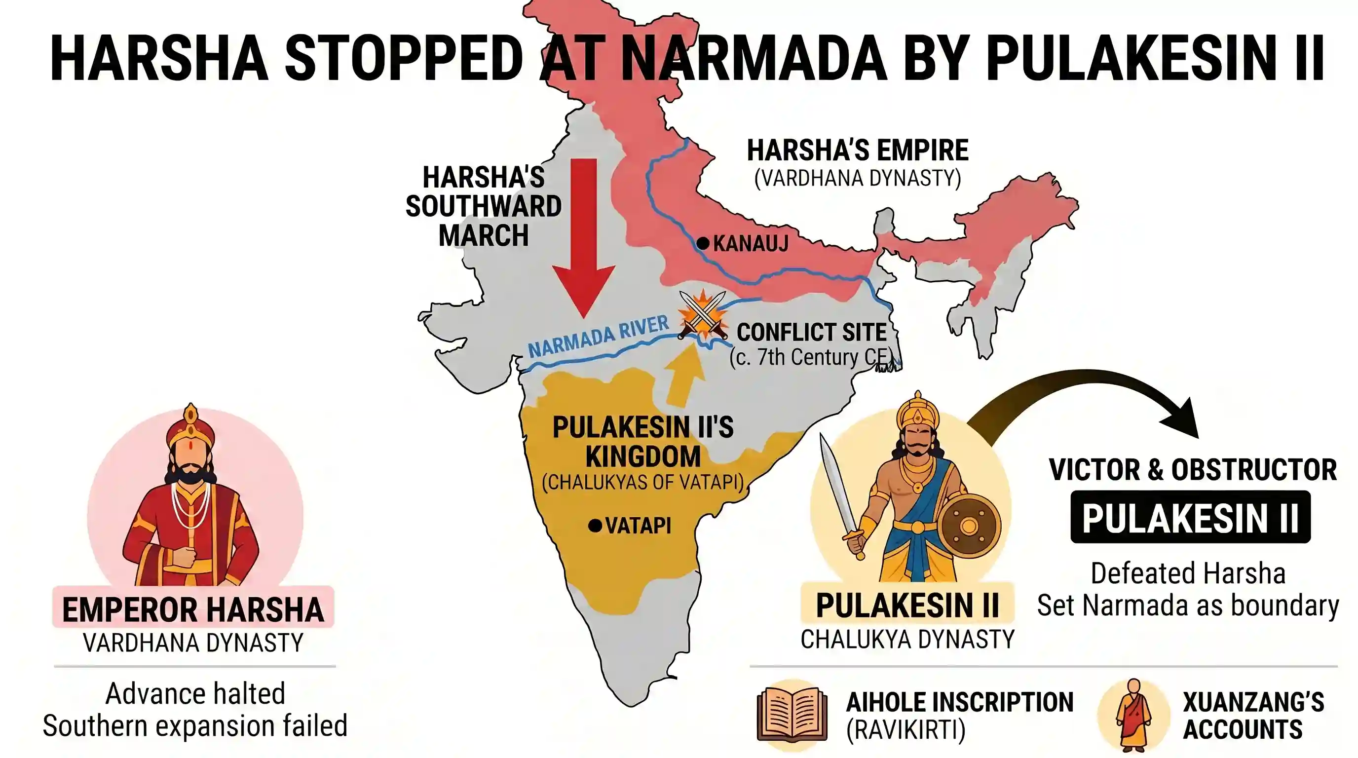 history: Emperor Harsha’s southward march was stopped on the Narmada River by