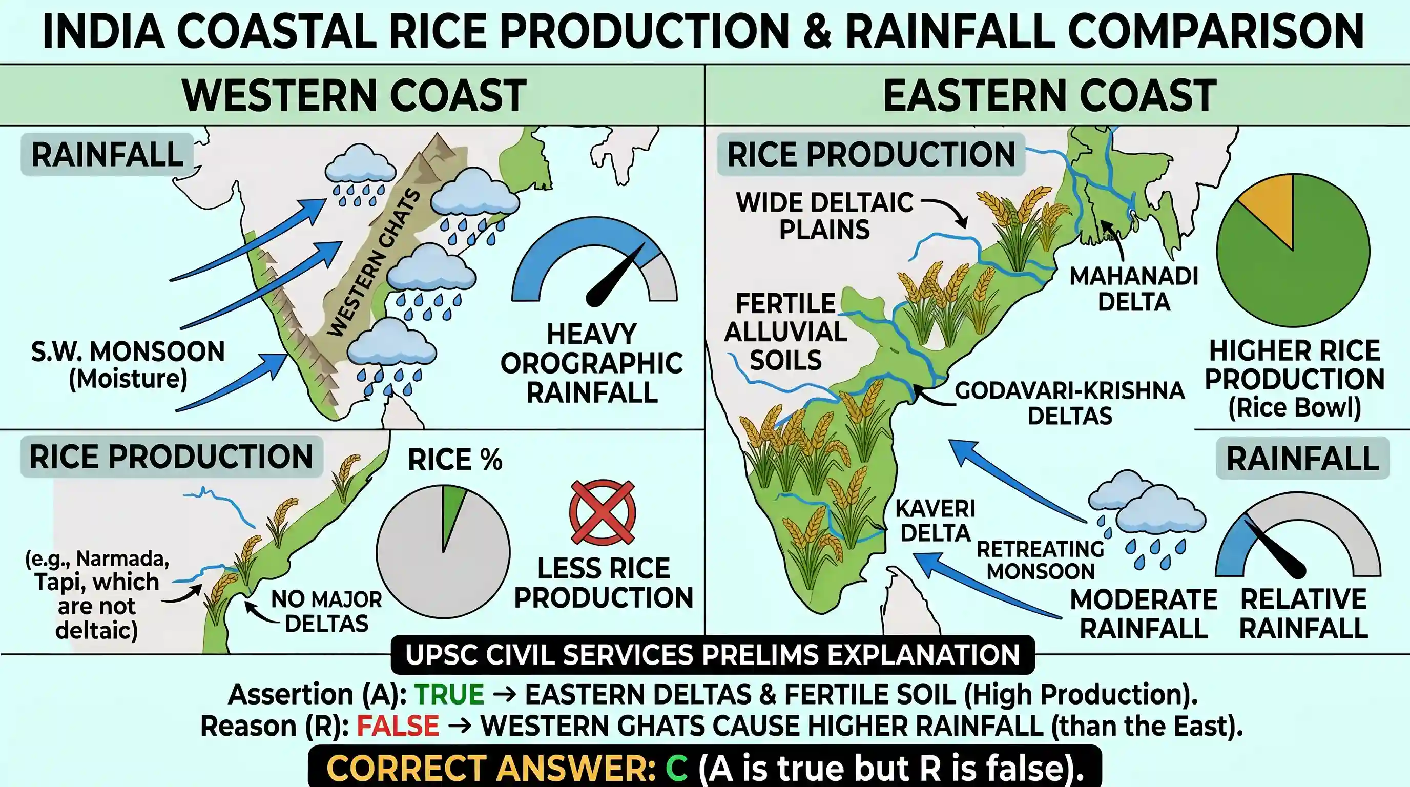 geography: Assertion (A): The eastern coast of India produces more rice than the western coast. Reason (R): The eastern coast recei