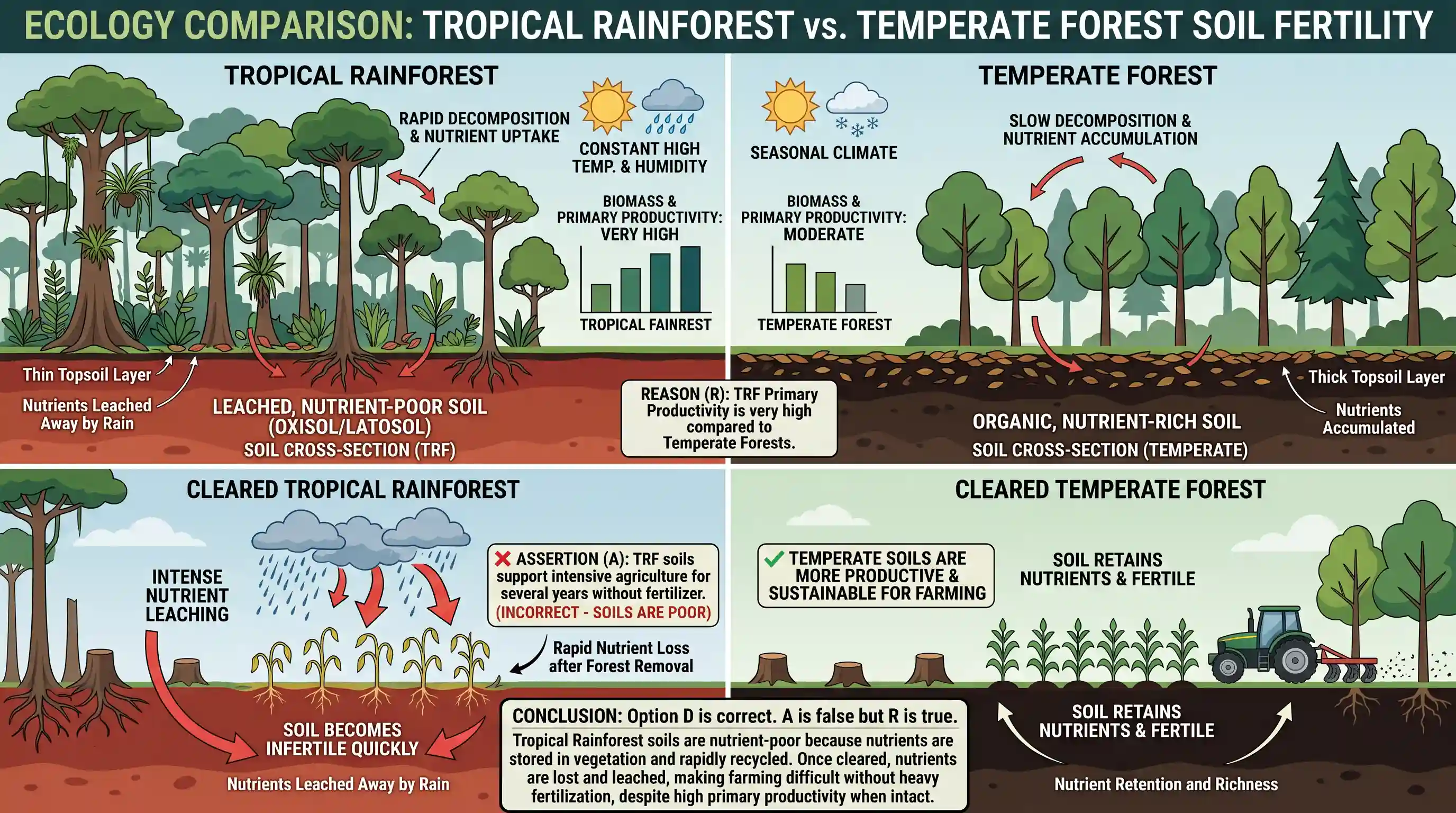 geography: Assertion (A): Unlike temperate forests, the tropical rain forests, if cleared, can yield productive farm-land that can