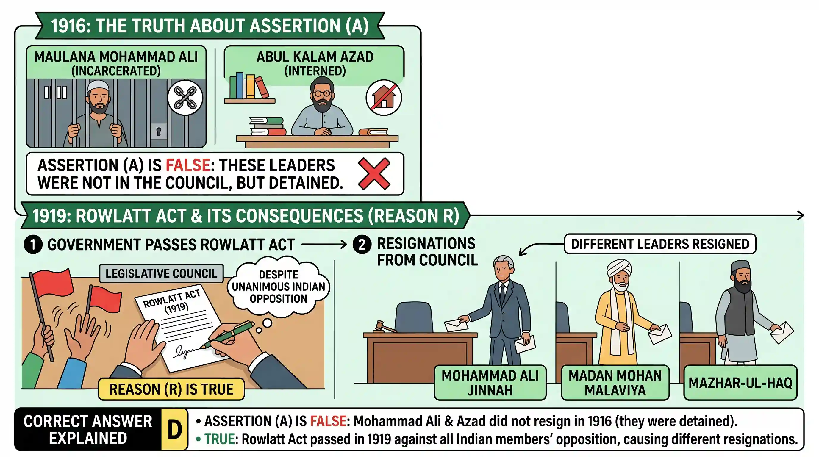history: Assertion (A): In 1916, Maulana Mohammad Ali and Abul Kalam Azad resigned from the Legislative Council. Reason (R): The
