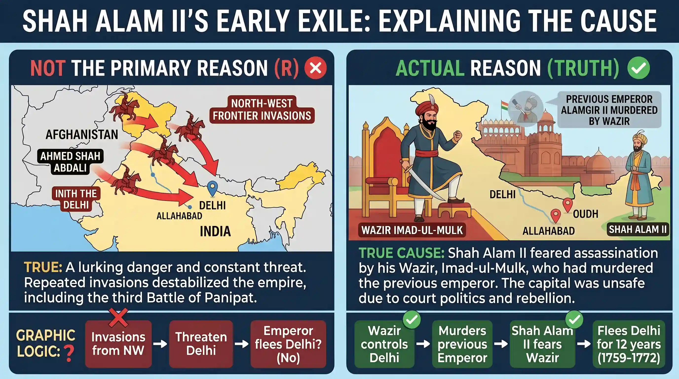 history: Assertion (A): Shah Alam II spent the initial years as an Emperor far away from his capital. Reason (R): There was alway