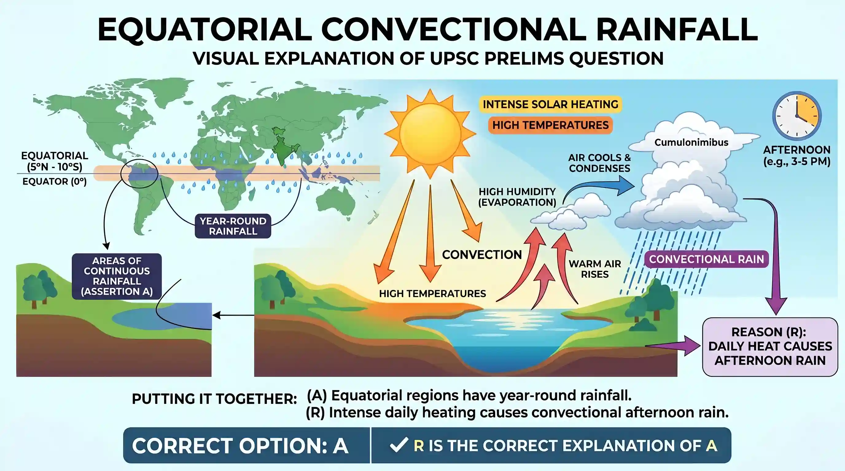 geography: Assertion (A): Areas lying within five to eight degrees latitude on either side of the equator receive rainfall througho