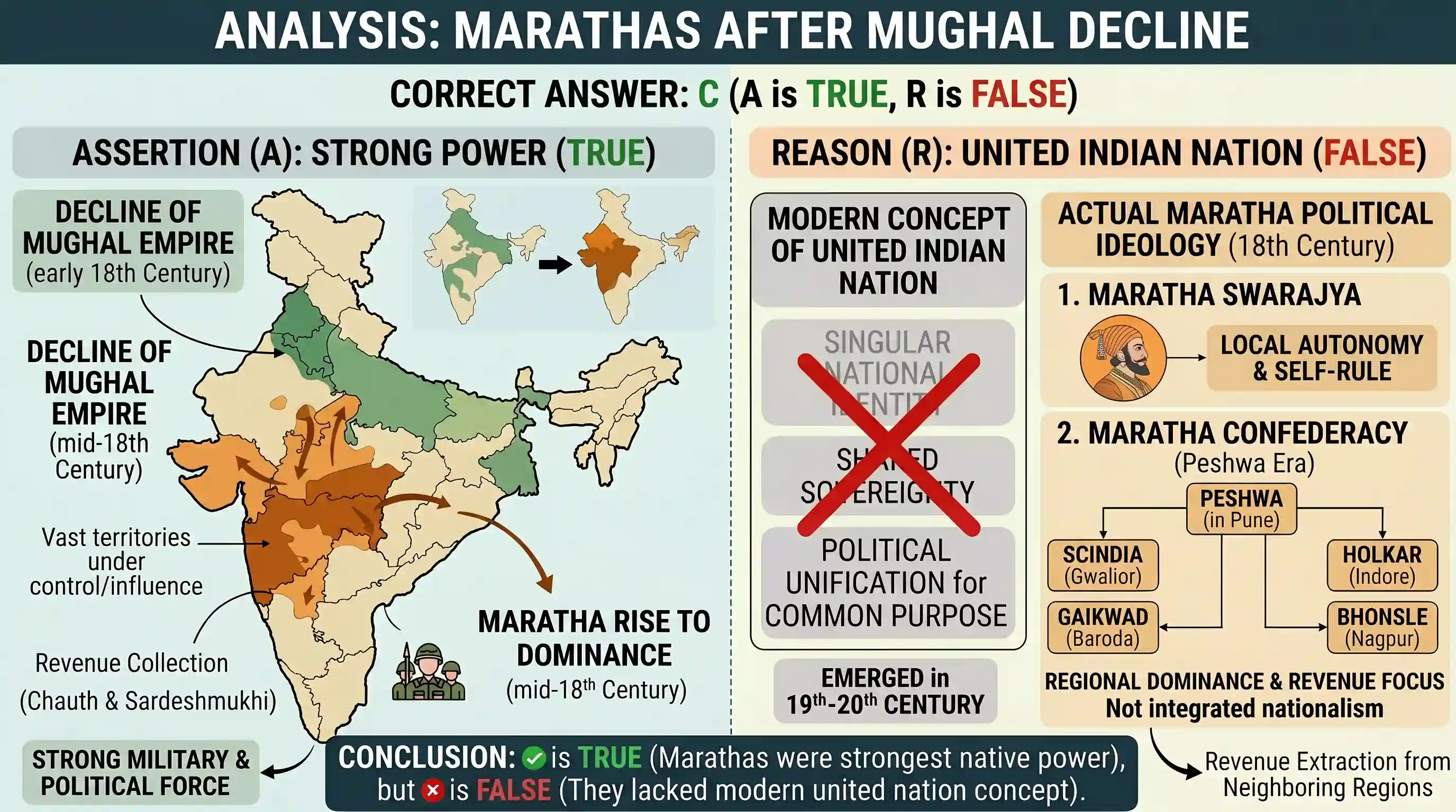 history: Assertion (A): Marathas emerged as the strongest native power in India after the decline of Mughal empire. Reason (R): M