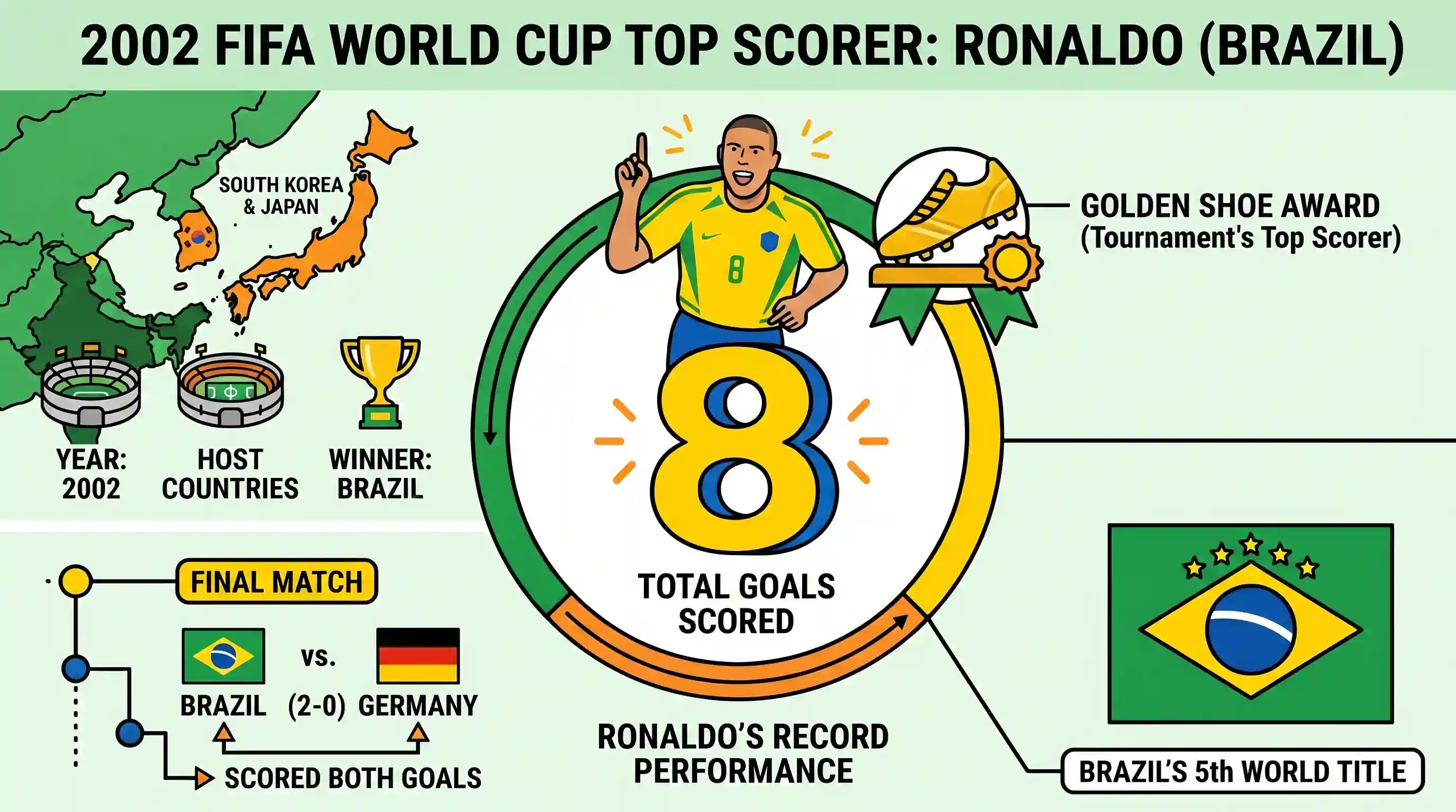 art-and-culture: In the FIFA World Cup Football event in the year 2002, the number of goals scored by Ronaldo of Brazil was
