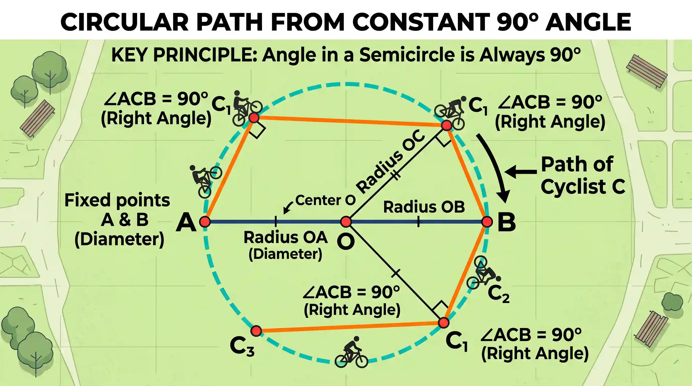geography: ‘A’ and ‘B’ are two fixed points in a field. A cyclist C moves such that ACB is always a right angle. In this context, w