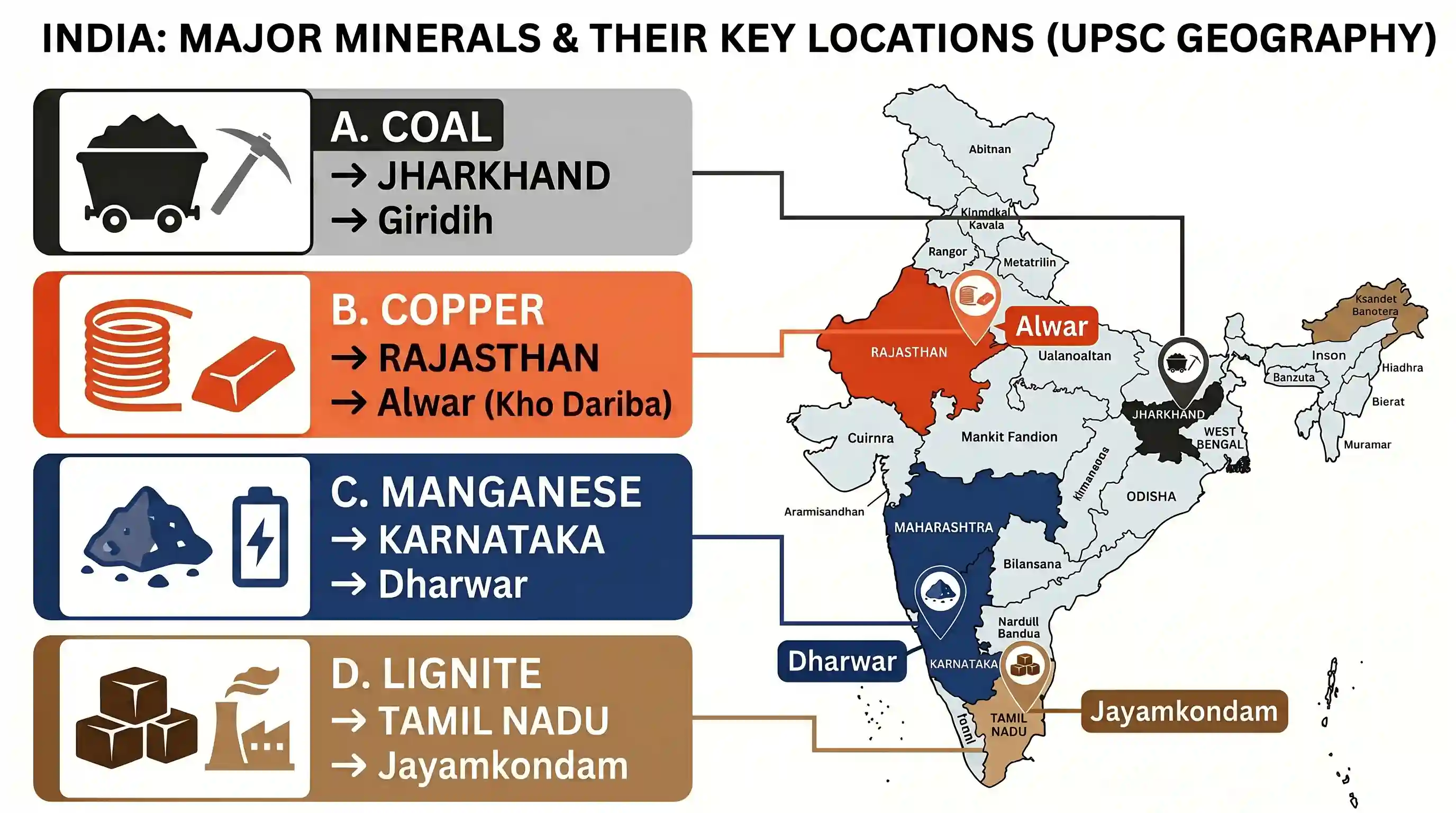 geography: Match List-I (Minerals) with List-II (Location) and select the correct answer using the codes given below the Lists: Lis