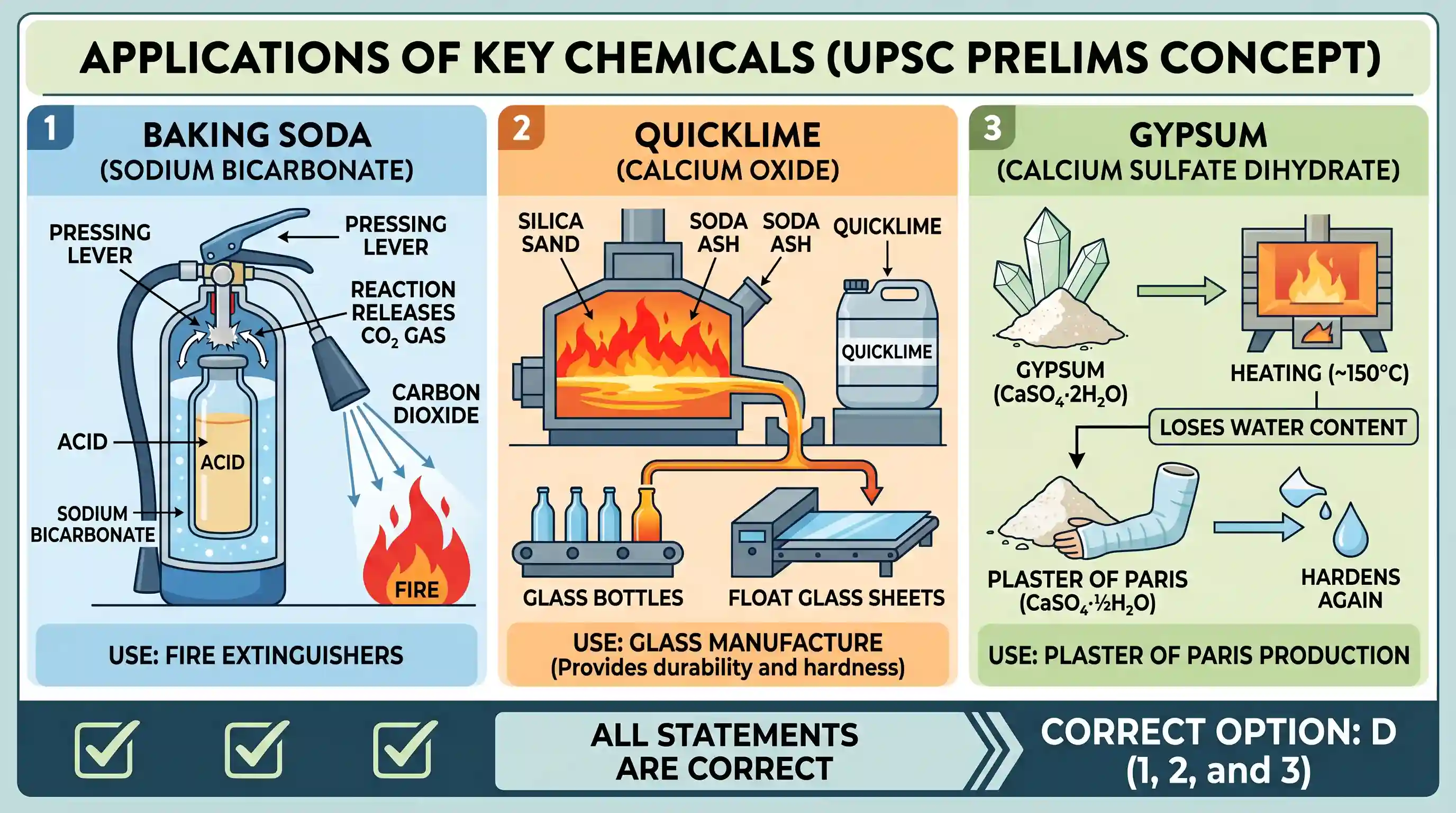 science-and-technology: Consider the following statements: 1. Baking soda is used in fire extinguishers. 2. Quicklime is used in the manufacture