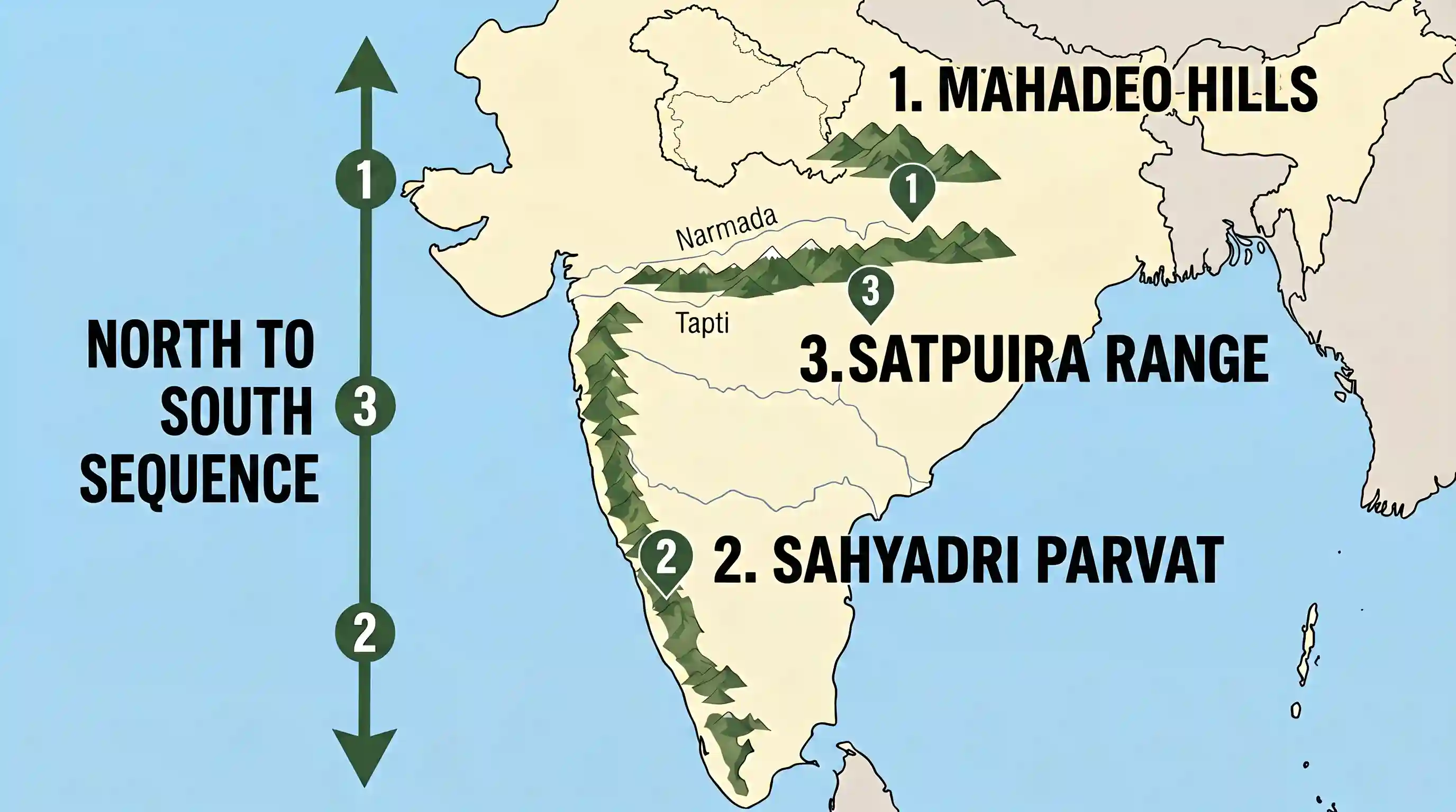 geography: Consider the following: 1. Mahadeo Hills 2. Sahyadri Parvat 3. Satpura Range What is the correct sequence of the above f