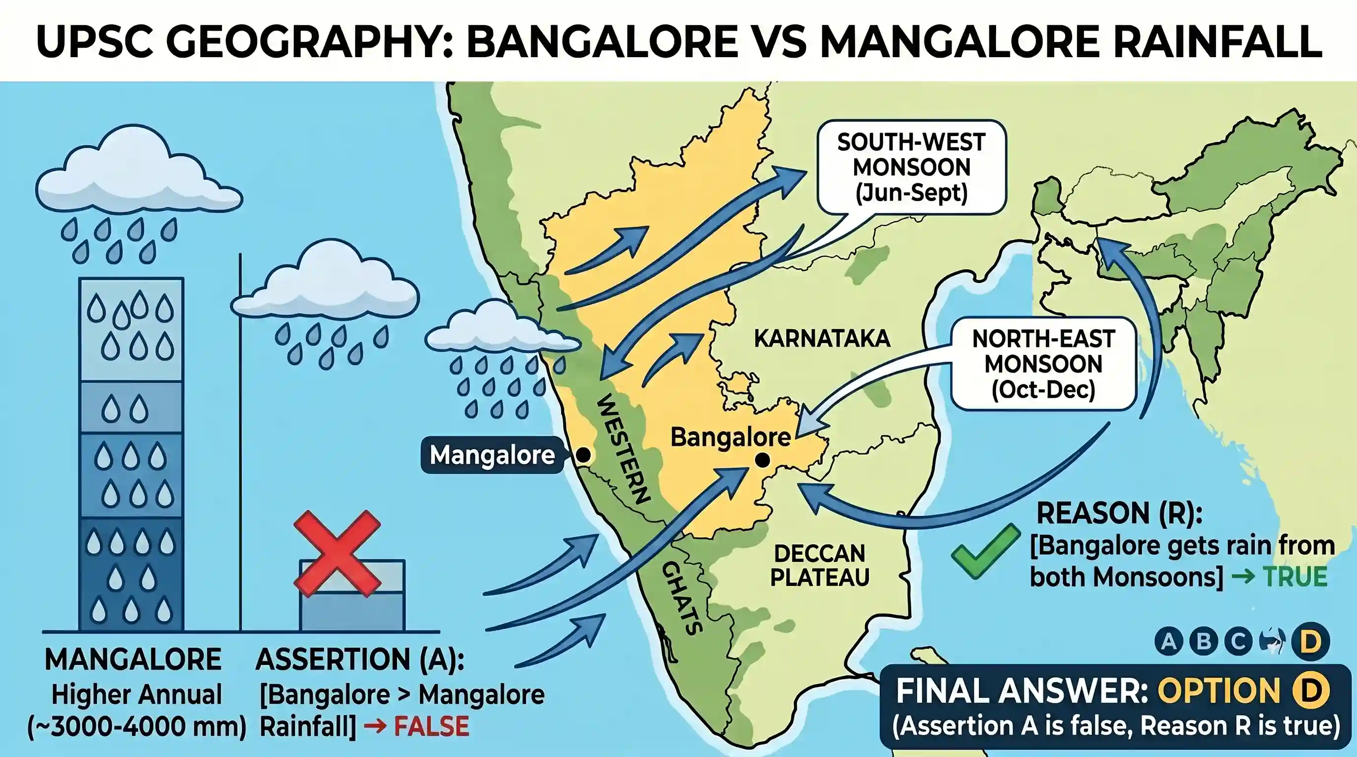 geography: Assertion (A): Bangalore receives much higher average annual rainfall than that of Mangalore. Reason (R): Bangalore has