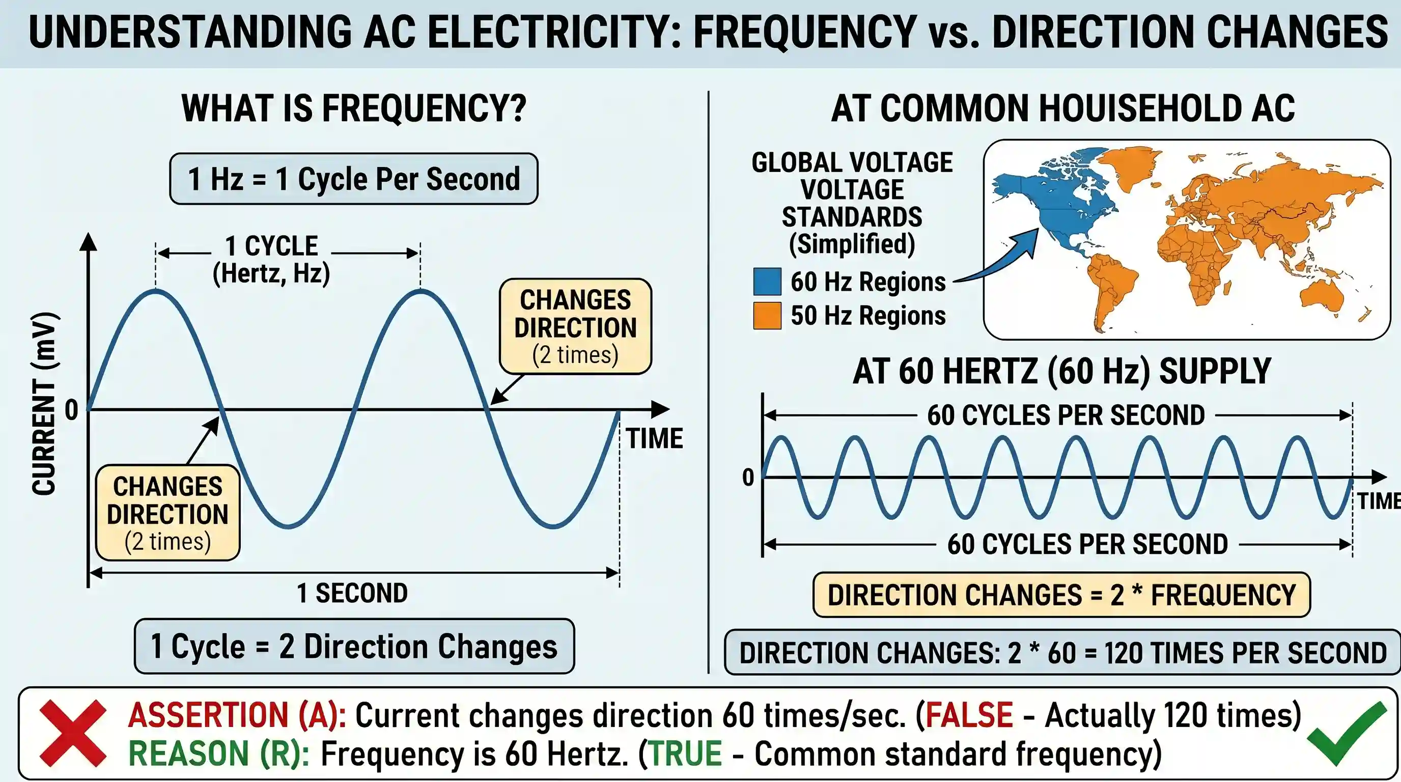 science-and-technology: Assertion (A): In our houses, the current in AC electricity line changes direction 60 times per second. Reason (R): The