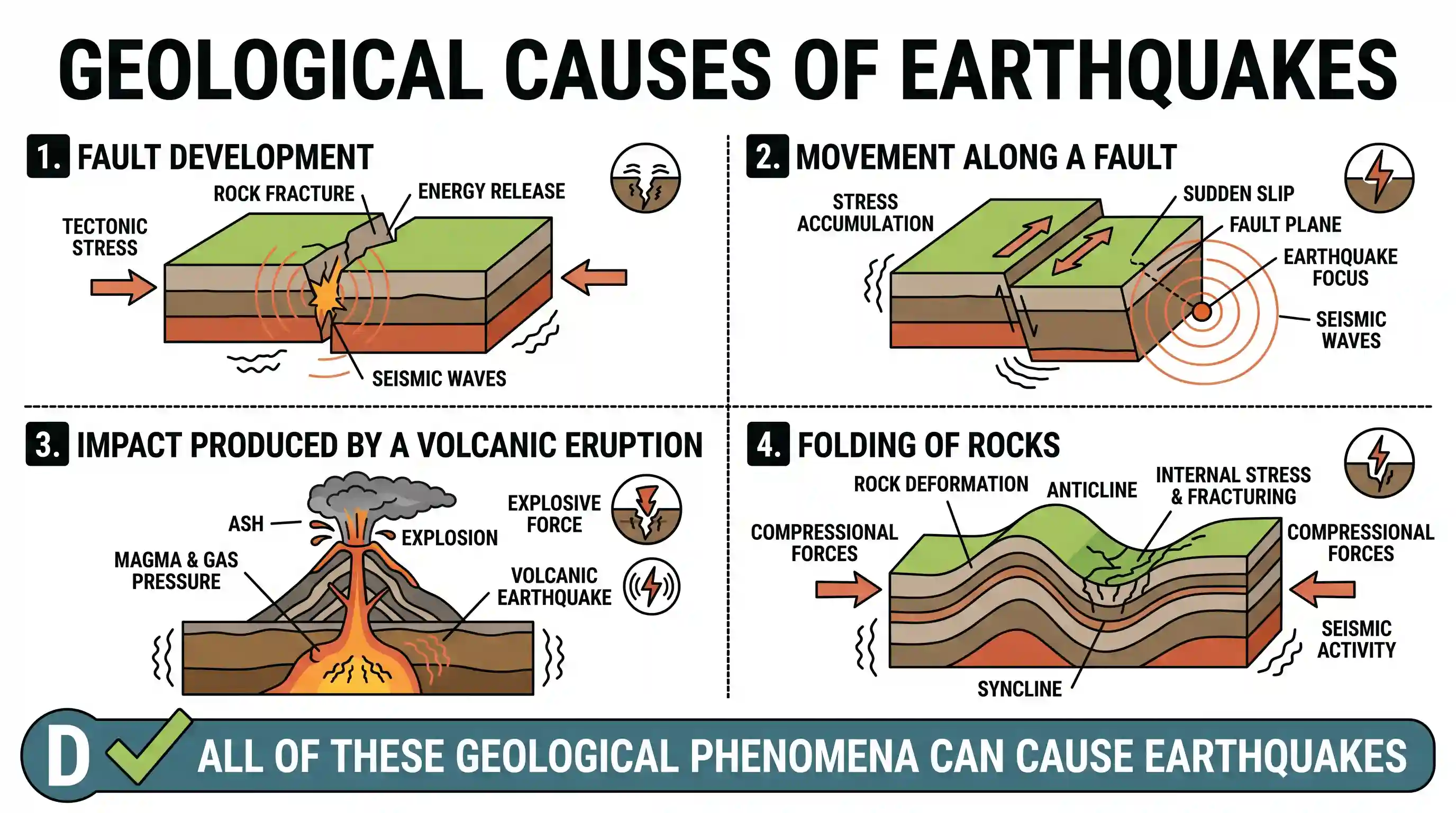 geography: Consider the following geological phenomena: 1. Development of a fault 2. Movement along a fault 3. Impact produced by a