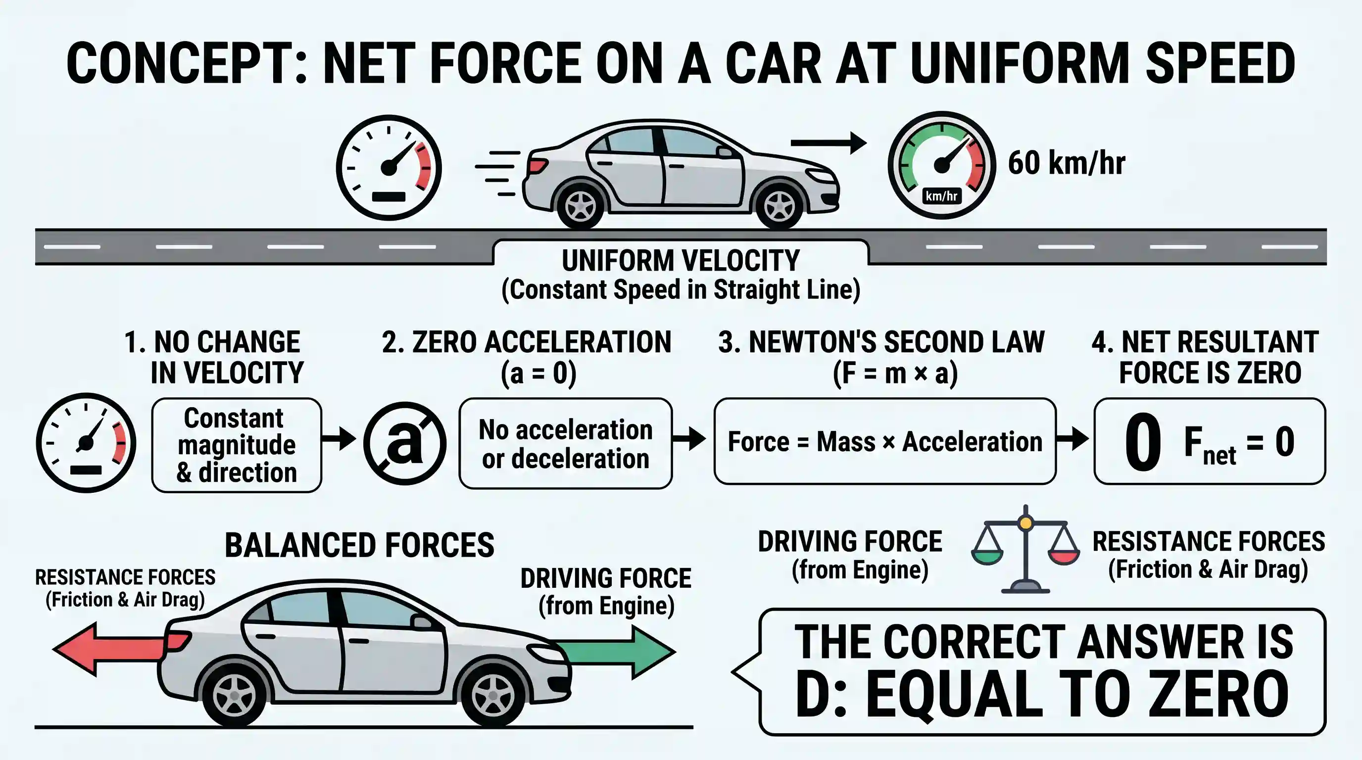 science-and-technology: A car is running on a road at a uniform speed of 60 km/hr. The net resultant force on the car is
