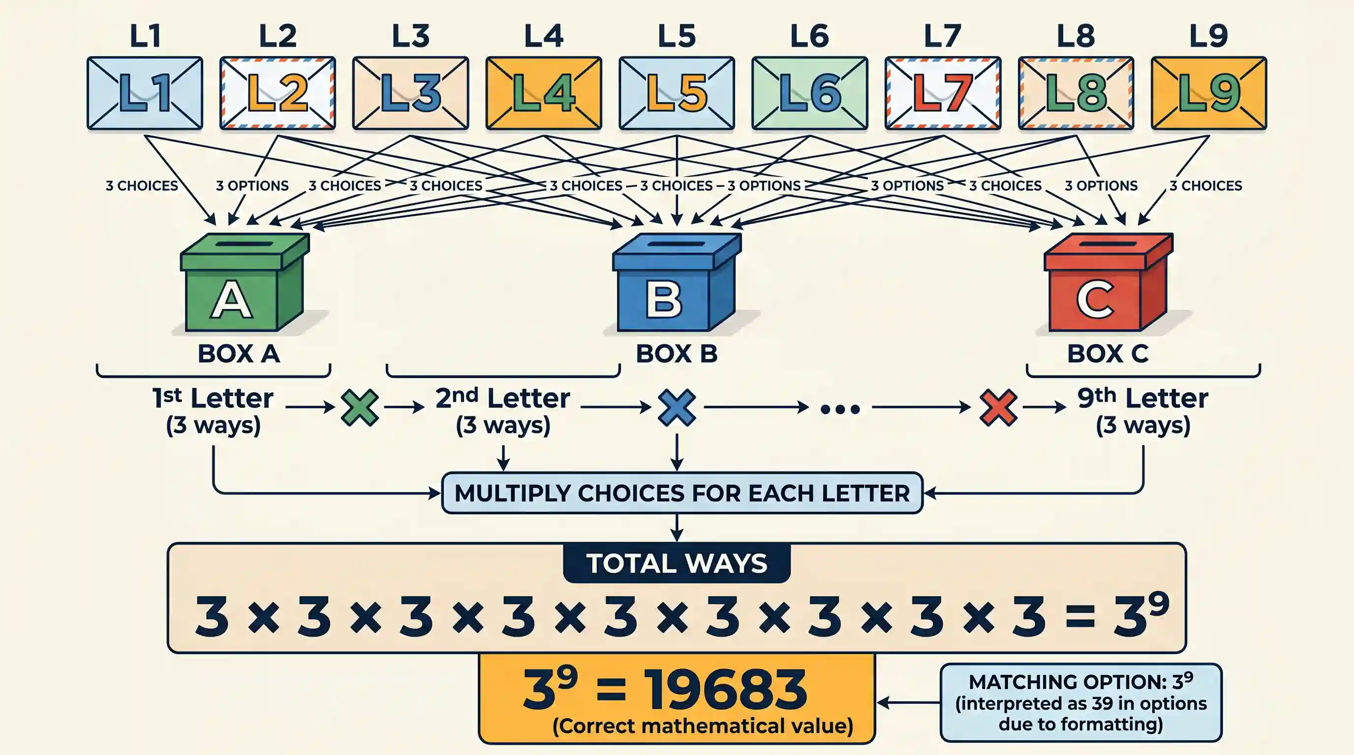 science-and-technology: Nine different letters are to be dropped in three different letter boxes. In how many different ways can this be done?
