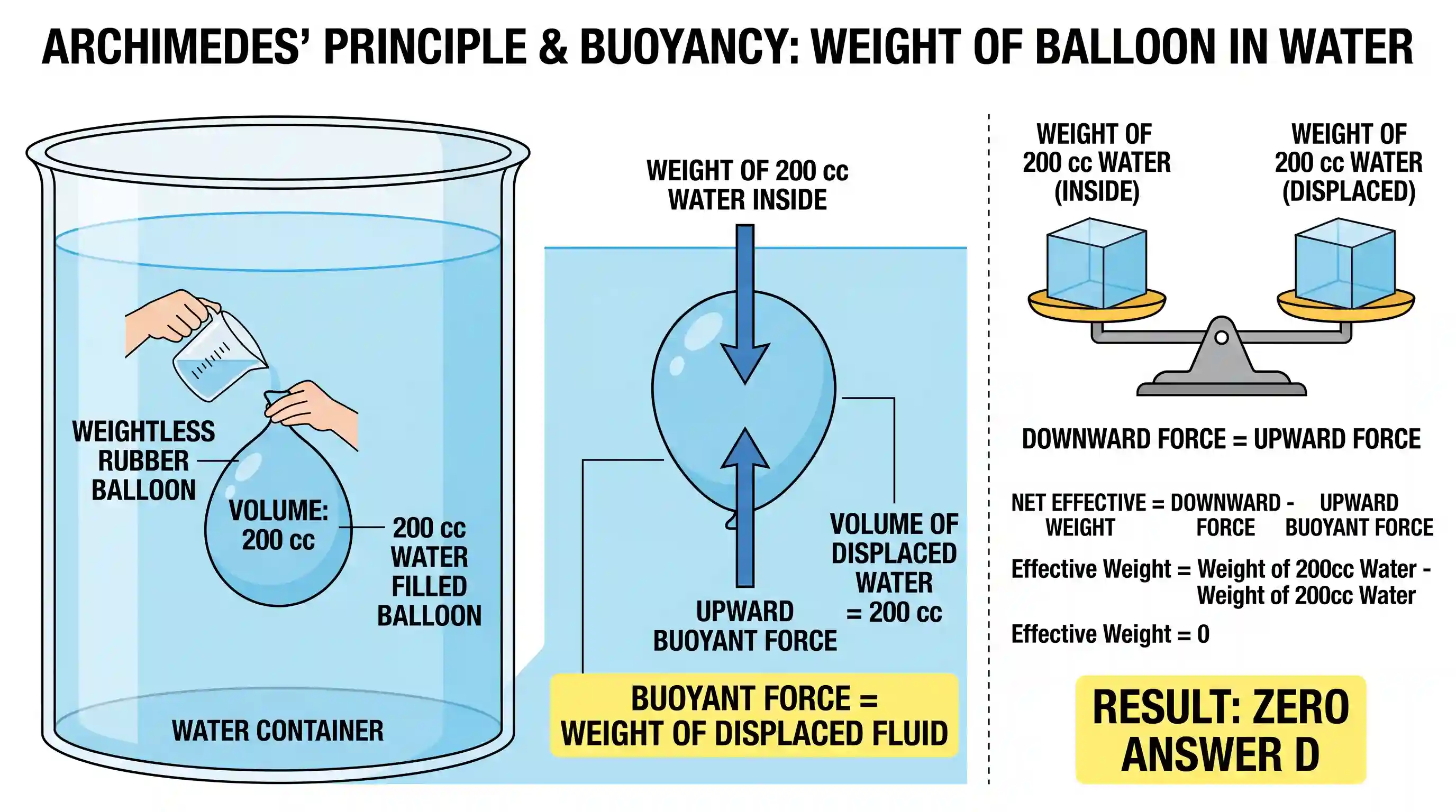 science-and-technology: A weightless rubber balloon is filled with 200 cc of water. Its weight in water is equal to