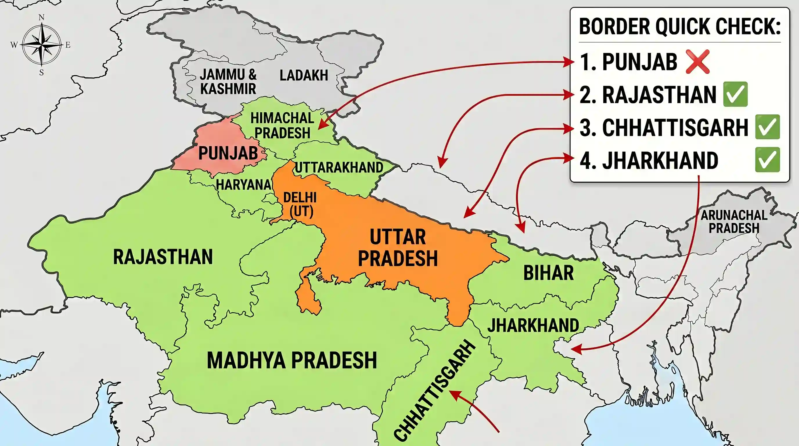 geography: Which of the following States border Uttar Pradesh? 1. Punjab 2. Rajasthan 3. Chhattisgarh 4. Jharkhand Select the corre