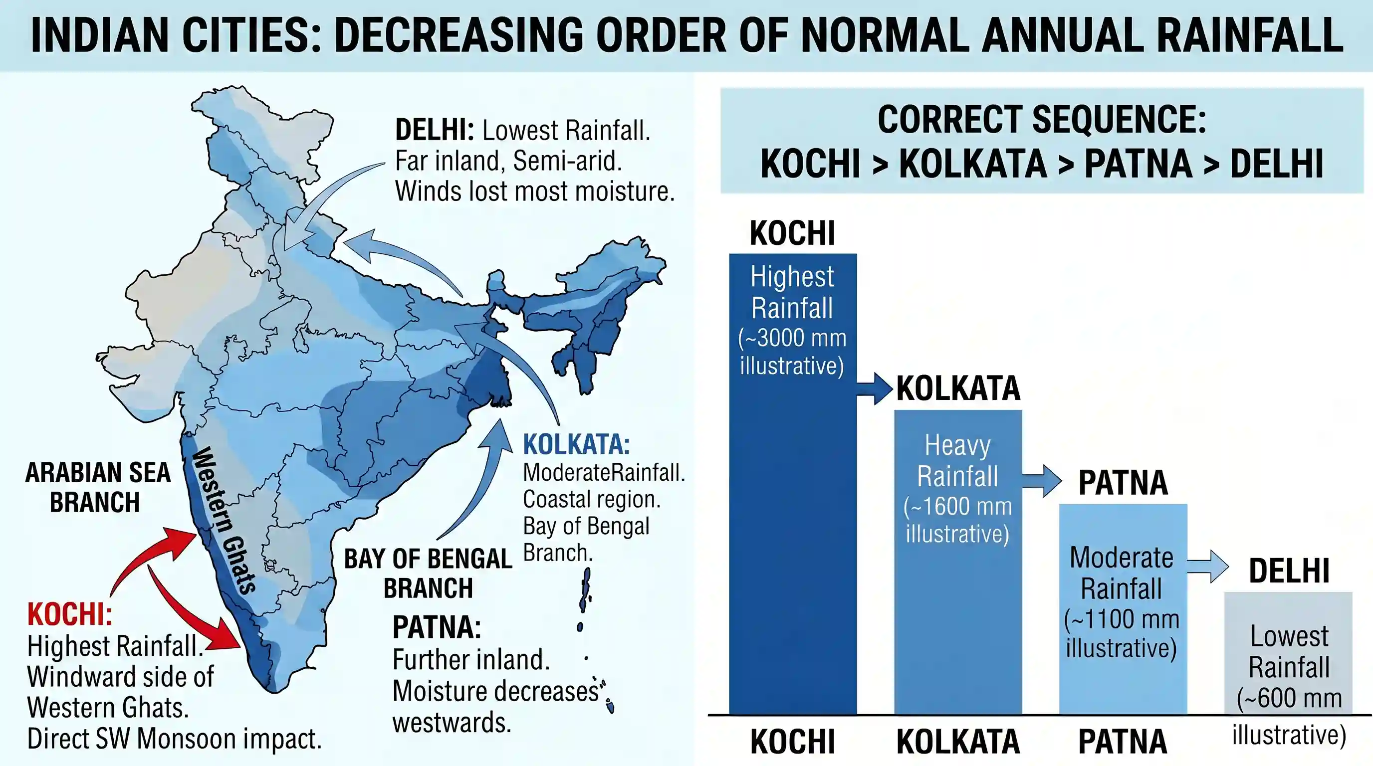 geography: Which one of the following is the correct sequence of the given Indian Cities in the decreasing order of their normal an