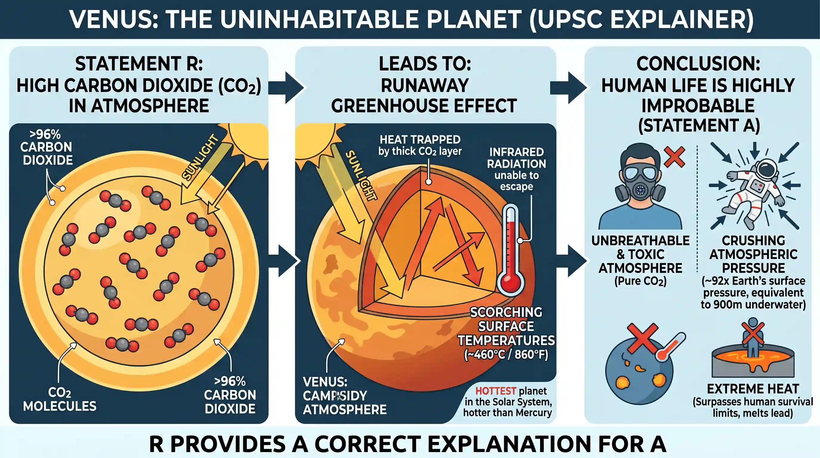 geography: Existence of human life on Venus is highly improbable. Venus has extremely high level of carbon dioxide in its atmospher