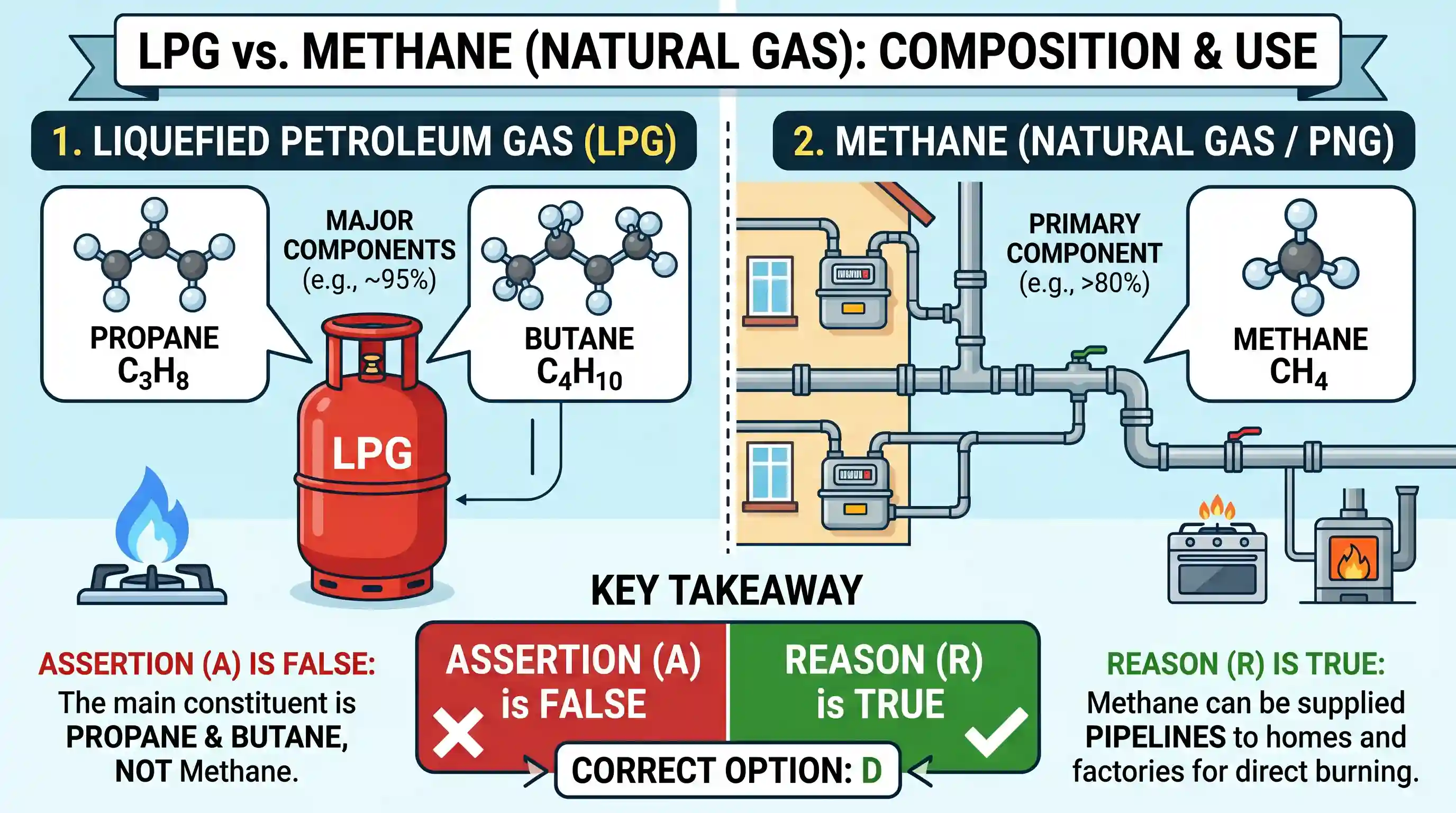 science-and-technology: Assertion (A): The main constituent of the Liquefied Petroleum Gas is methane. Reason (R): Methane can be used directly