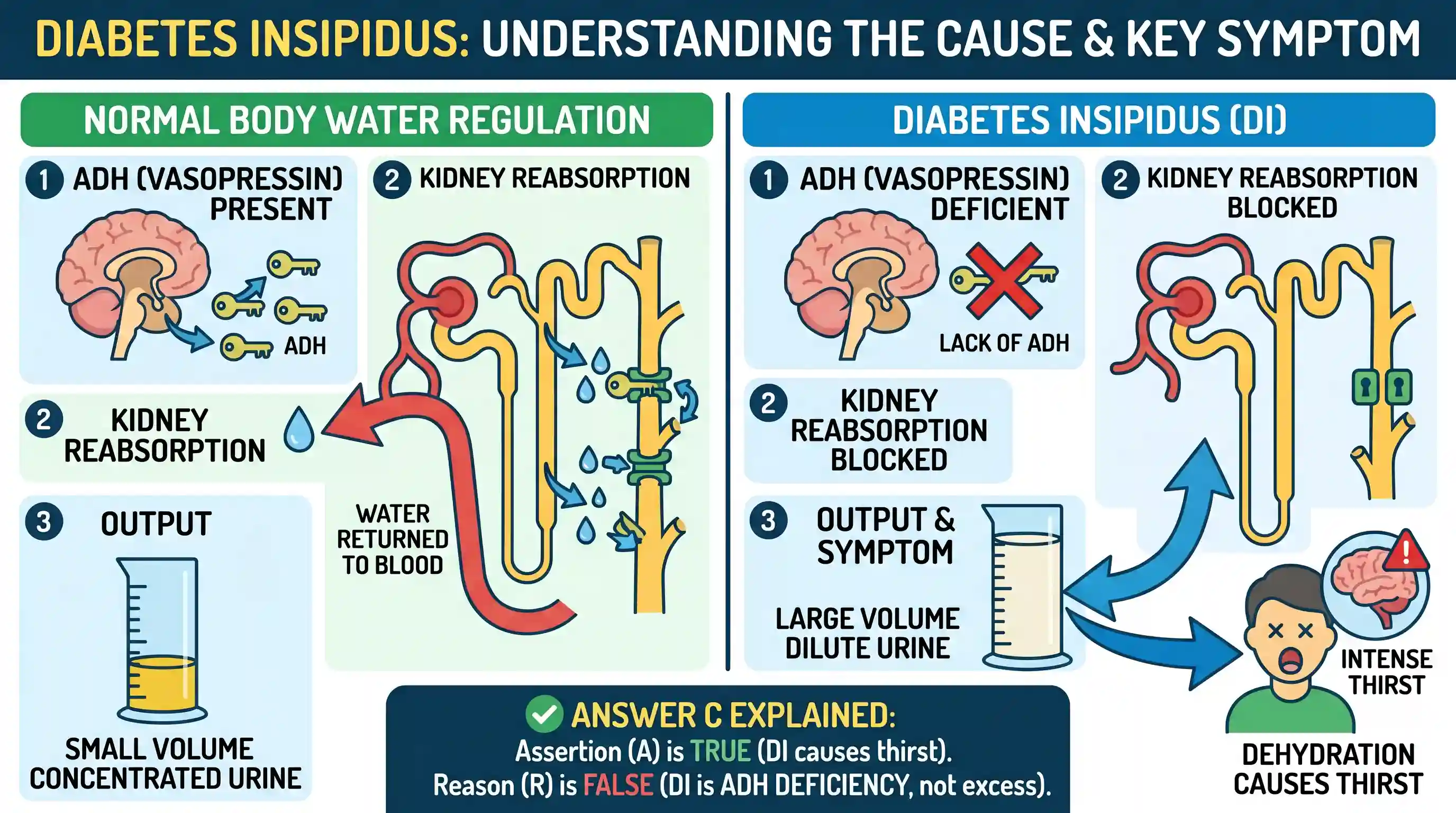 science-and-technology: Assertion (A): The person with diabetes insipidus feels thirsty. Reason (R): A person with diabetes insipidus suffers fr