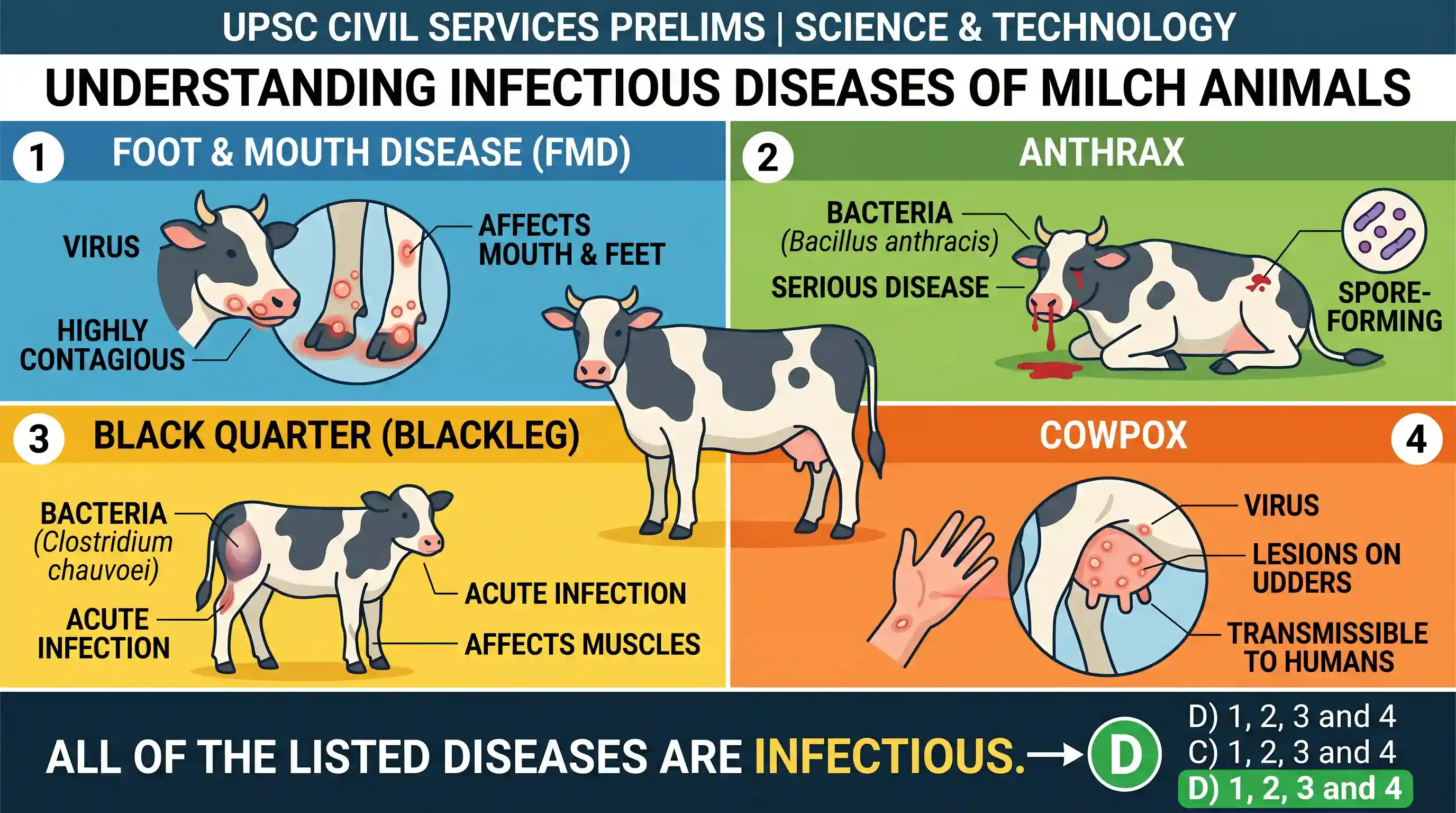 science-and-technology: Which of the following diseases of milchig animals are infectious? 1. Foot and Mouth disease 2. Authraz 3. Black Quarter