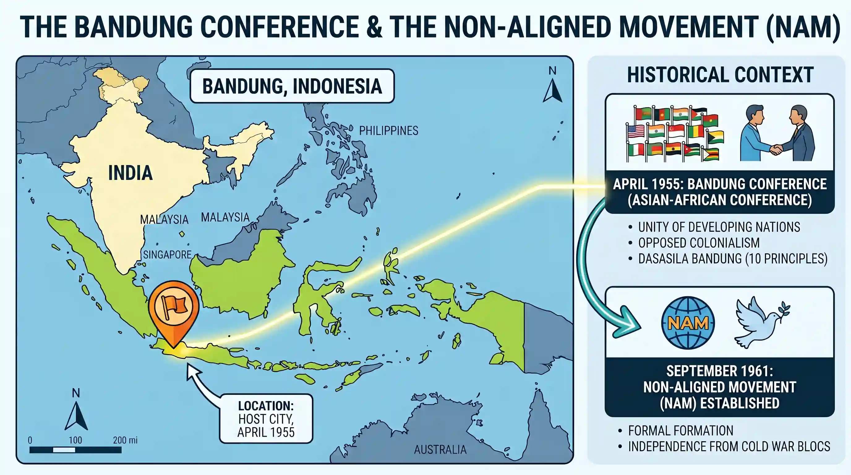 history: In which country is Bandung, where the conference of African and Asian nations was held which led to establishing Non-Al
