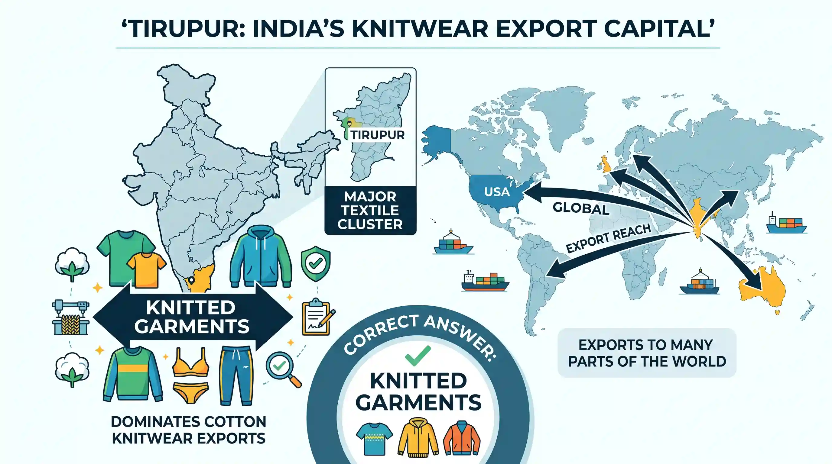 economy: For which one of the following items, is Tirupur well-known as a huge exporter to many parts of the world?