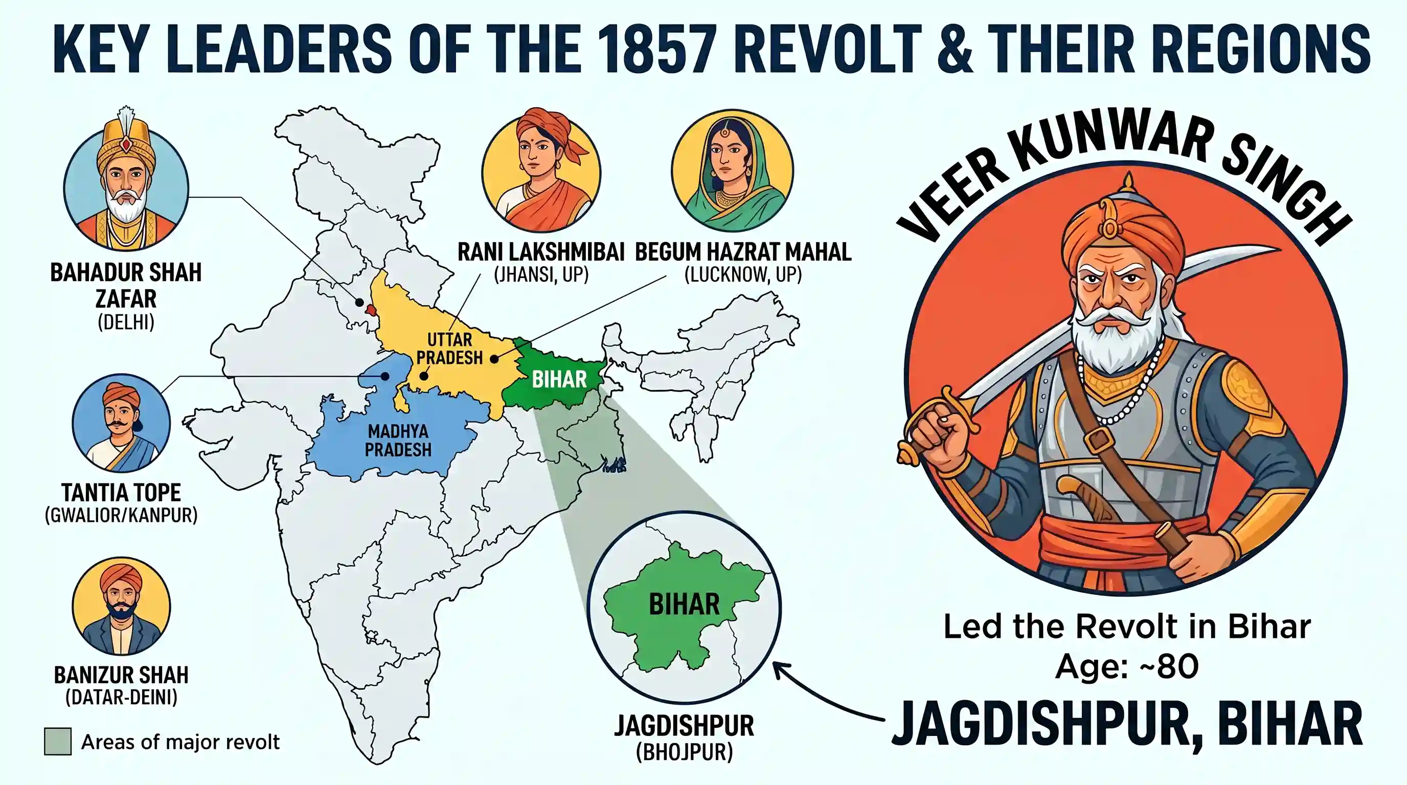 history: Which one of the following places did Kunwar Singh, a prominent leader of the Revolt of 1857 belong to?