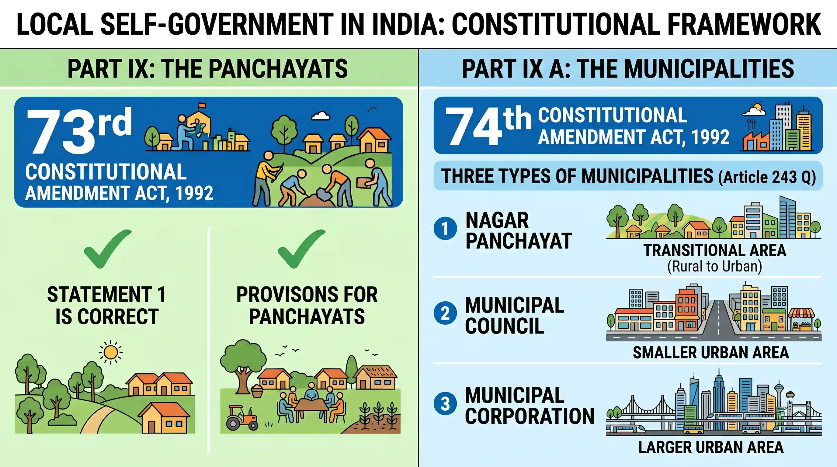polity-and-governance: Consider the following statements: 1. Part IX of the Constitution of India contains provisions for Panchayats and was in