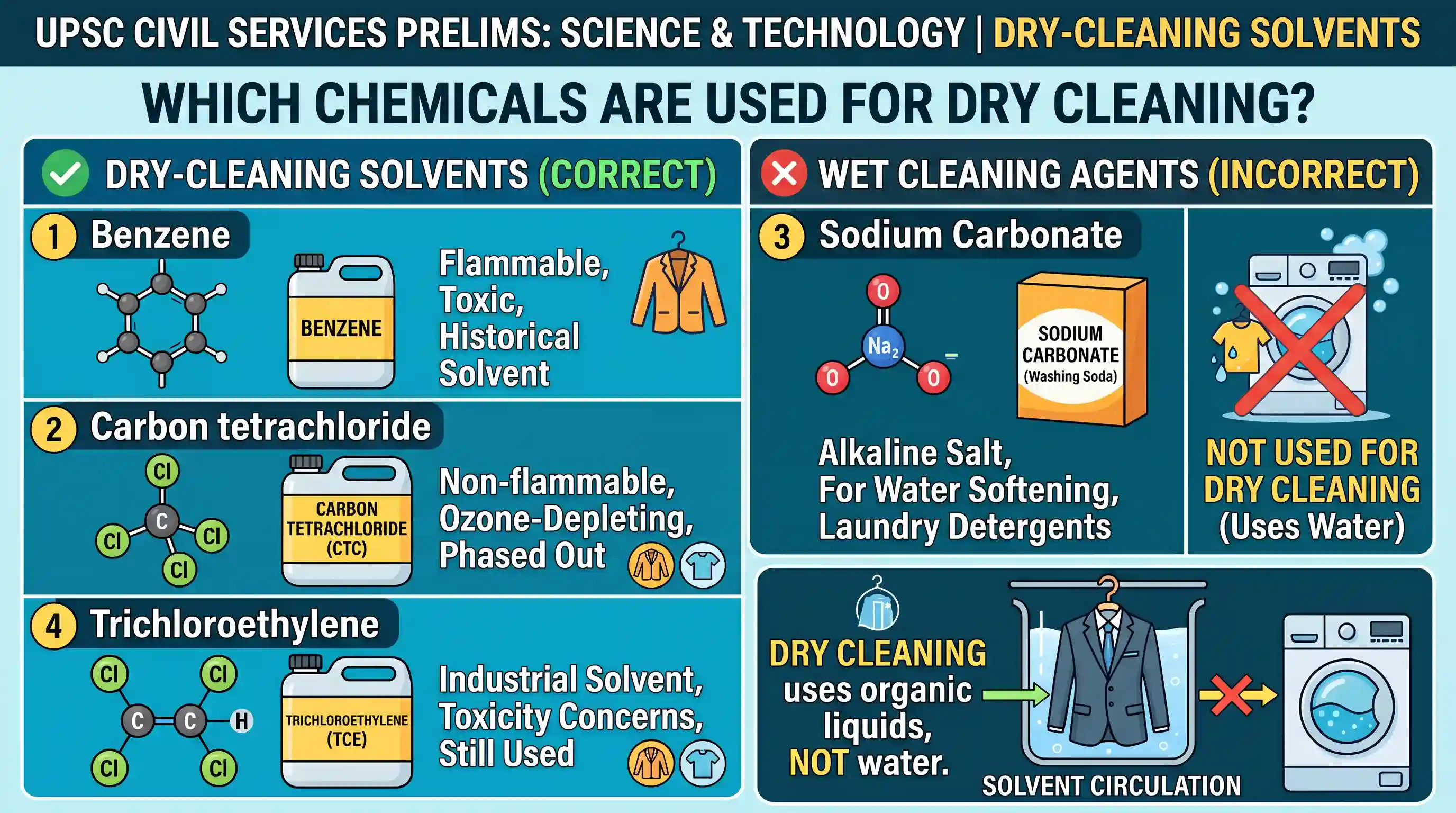 science-and-technology: Consider the following chemicals: 1. Benzene 2. Carbon tetrachloride 3. Sodium Carbonate 4. Trichloroethylene Which of t