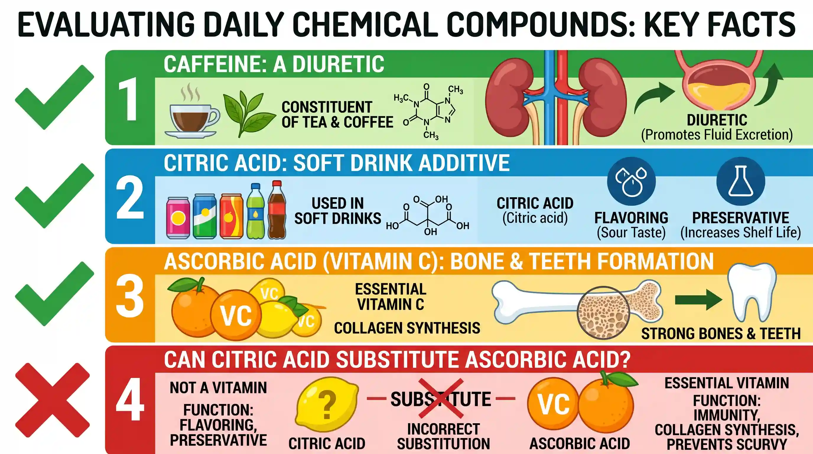 science-and-technology: Consider the following statements: 1. Caffeine, a constituent of tea and coffee is a diuretic. 2. Citric acid is used in