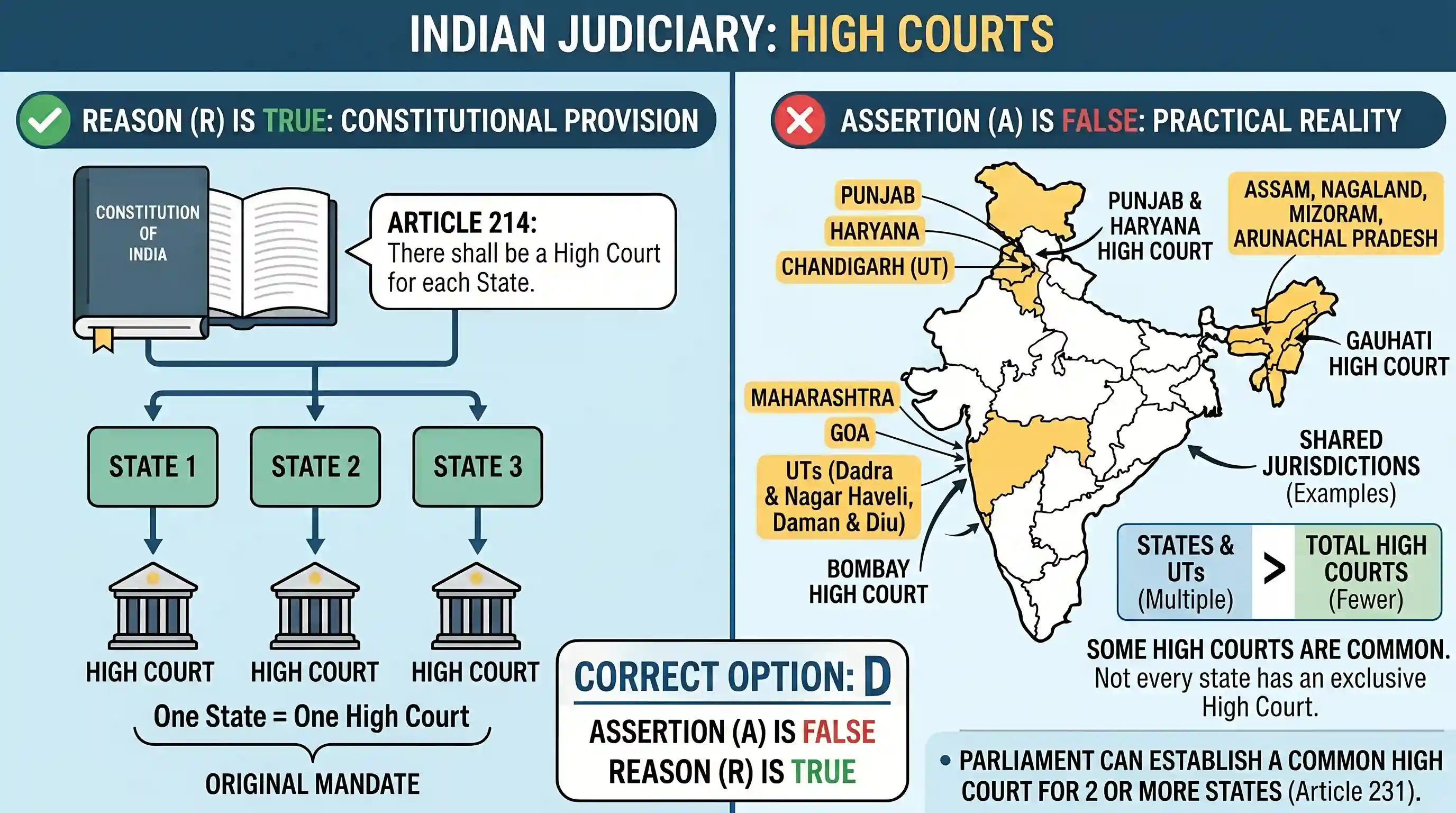 polity-and-governance: Assertion (A): In India, every state has a High Court in its territory. Reason (R): The Constitution of India provides f
