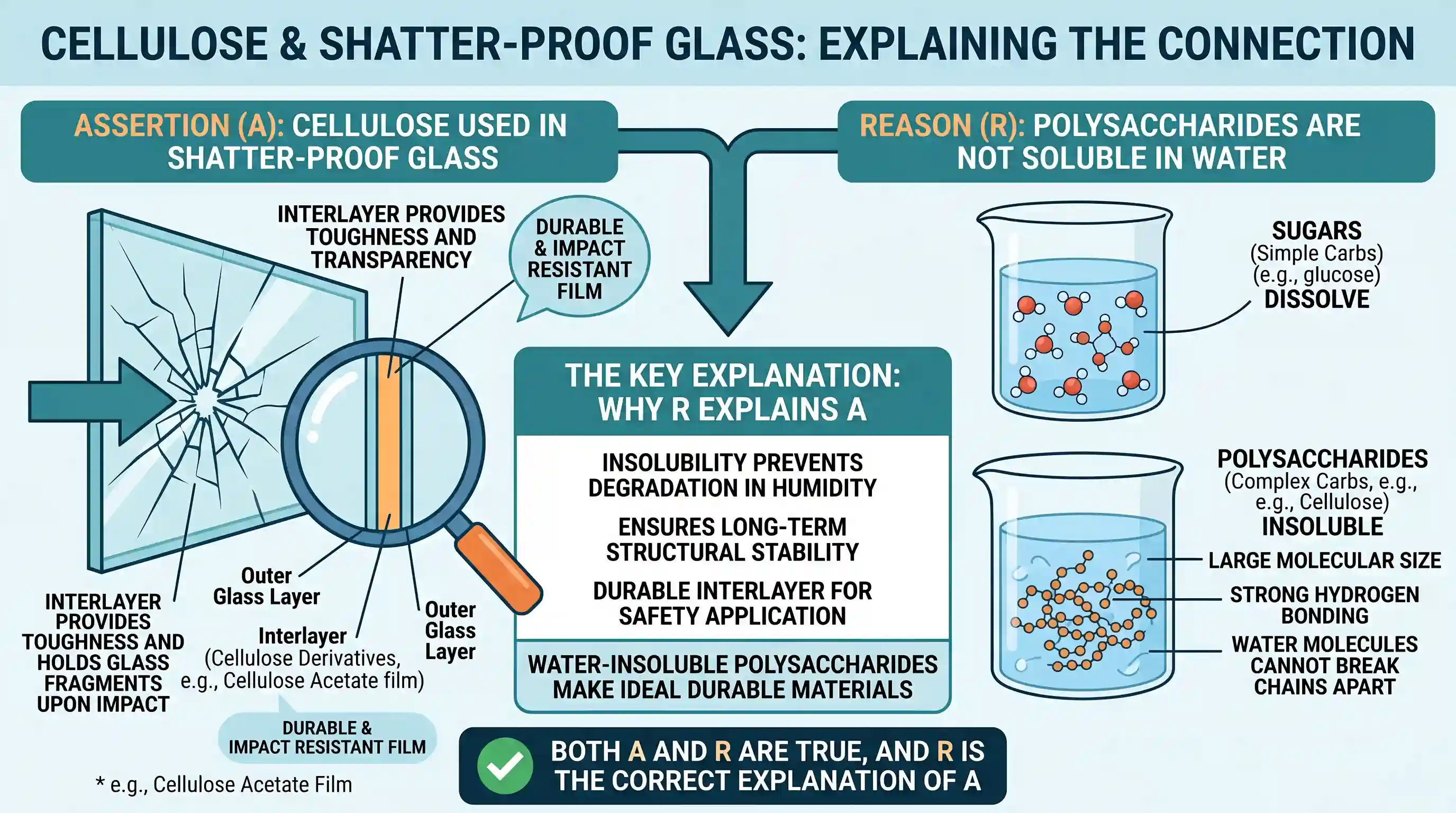 science-and-technology: Assertion (A): Cellulose is used in making shatter proof glass. Reason (R): Polysaccharides are not soluble in water.