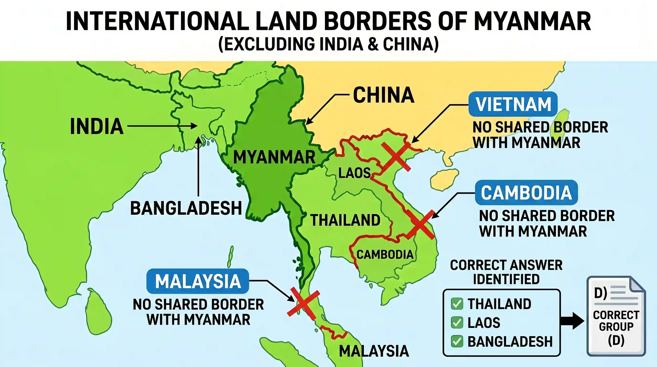 geography: Other than India and China, which of the following groups of countries border Myanmar?