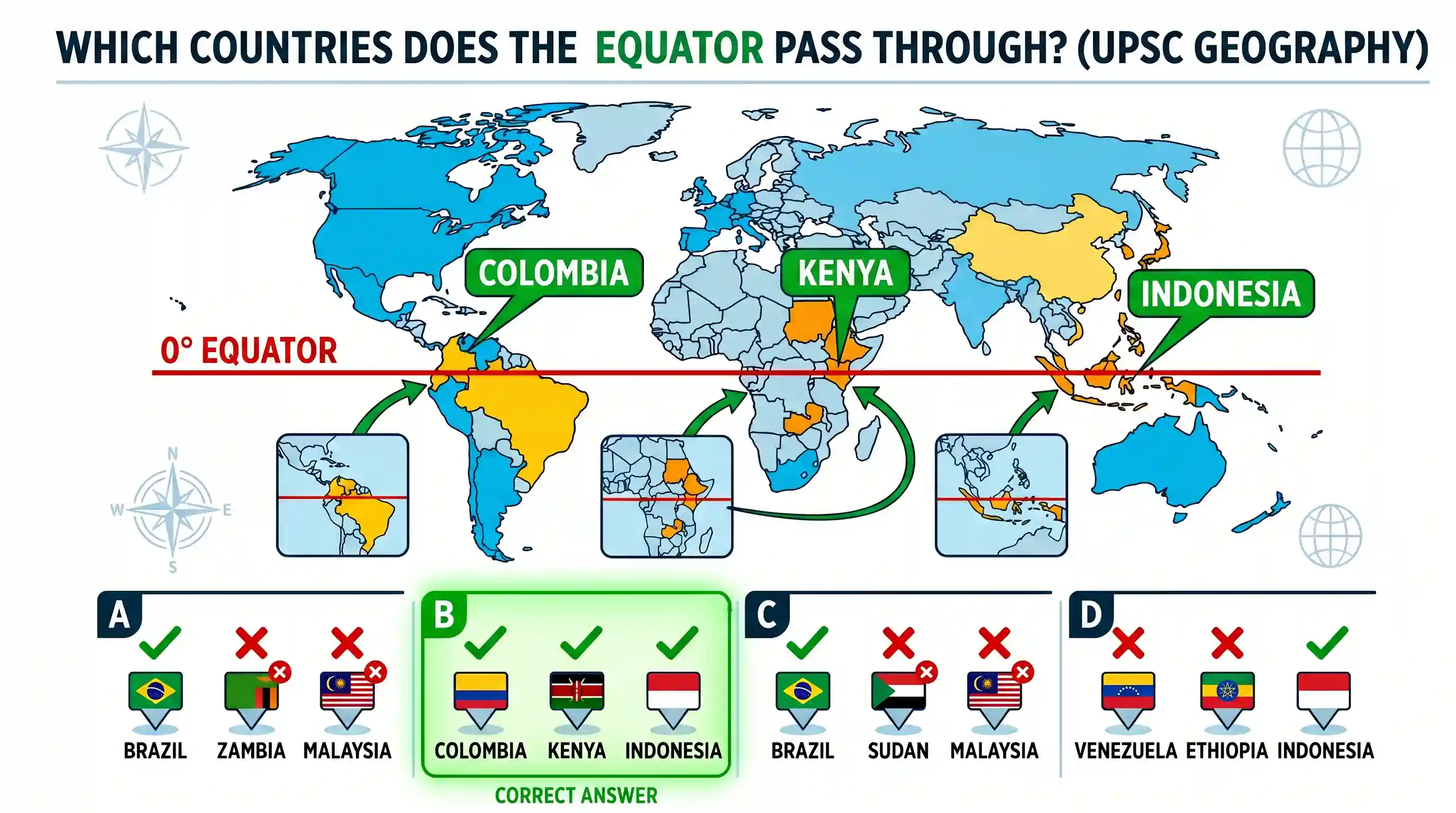 geography: Through which one of the following groups of countries does the Equator pass?