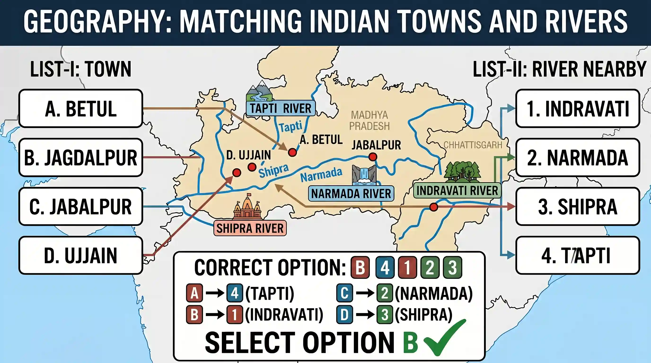 geography: Match List-I with List-II and select the correct answer using the code given below the lists: List-I (Town) List-II (Riv