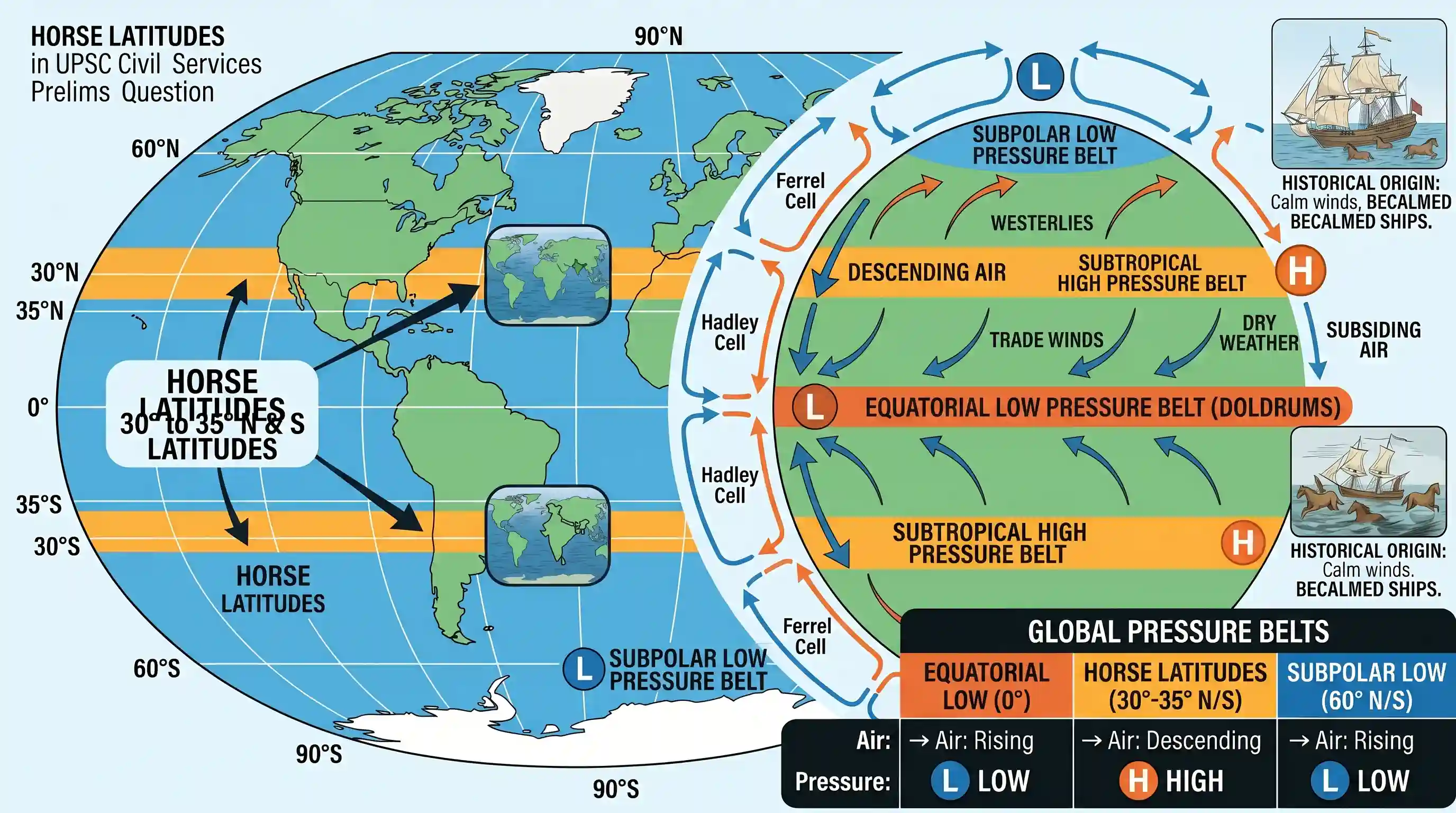 geography: Consider the following statements: 1. Either of the two belts over the oceans at about 300 to 350 N and S Latitudes is k