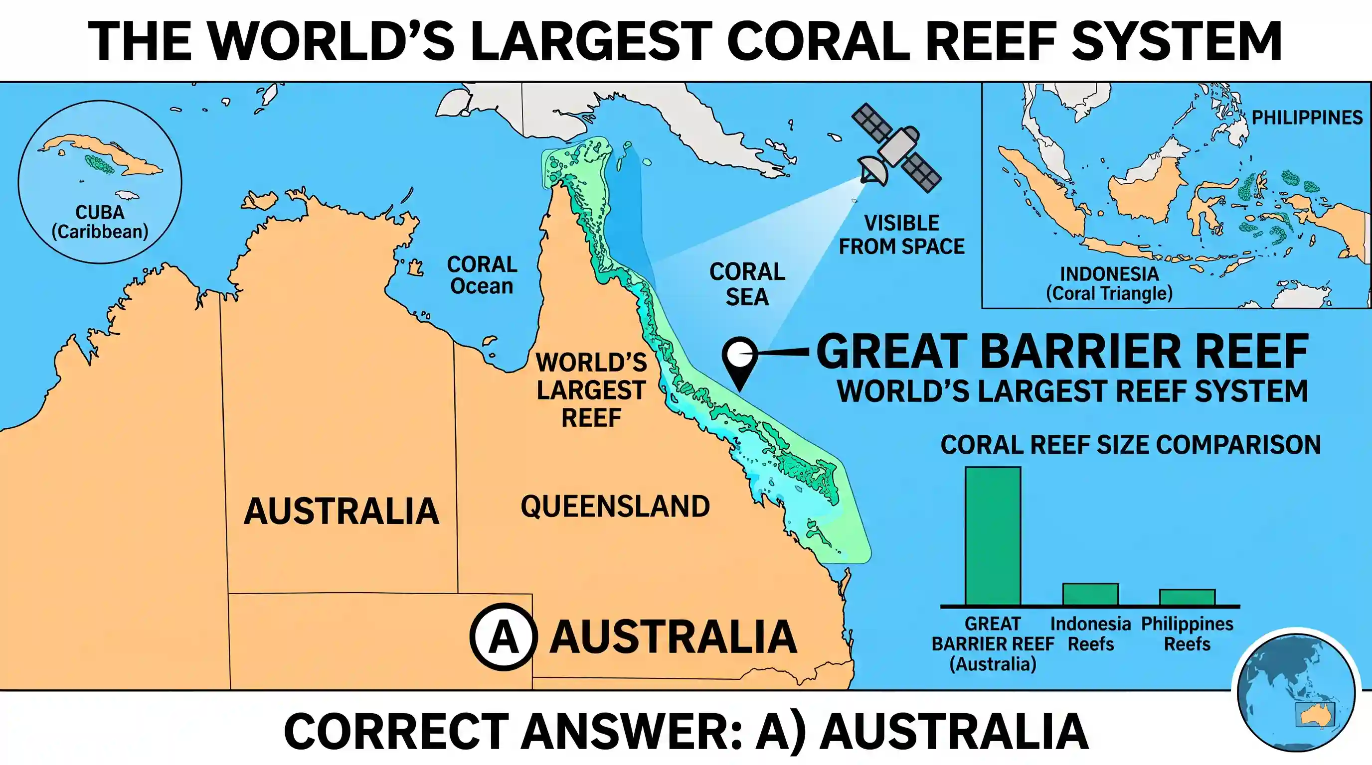 geography: The largest coral reef in the world is found near the coast of which one of the following countries?