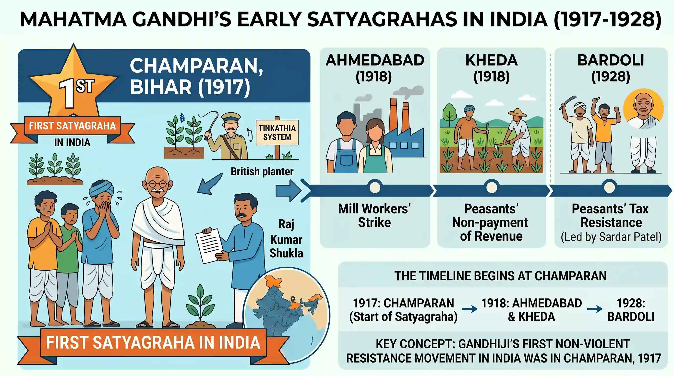 history: At which one of the following Place did Mahatma Gandhi first start his Satyagraha in India?